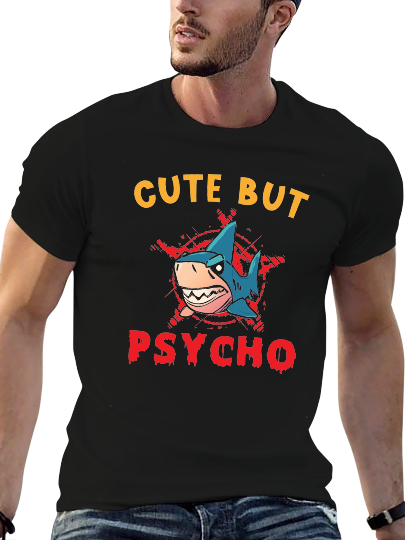 Cute But Psycho Shark Graphic Print T-Shirt - Black