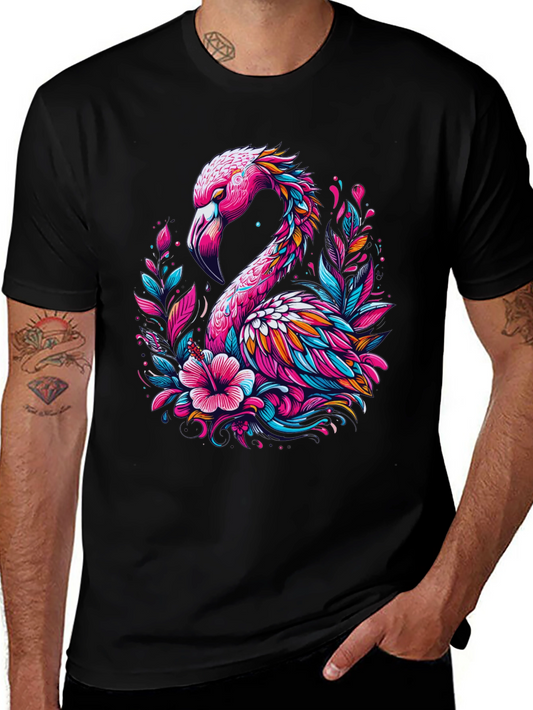 Flamingo Floral Graphic Tee - Stylish Mens Black T-Shirt