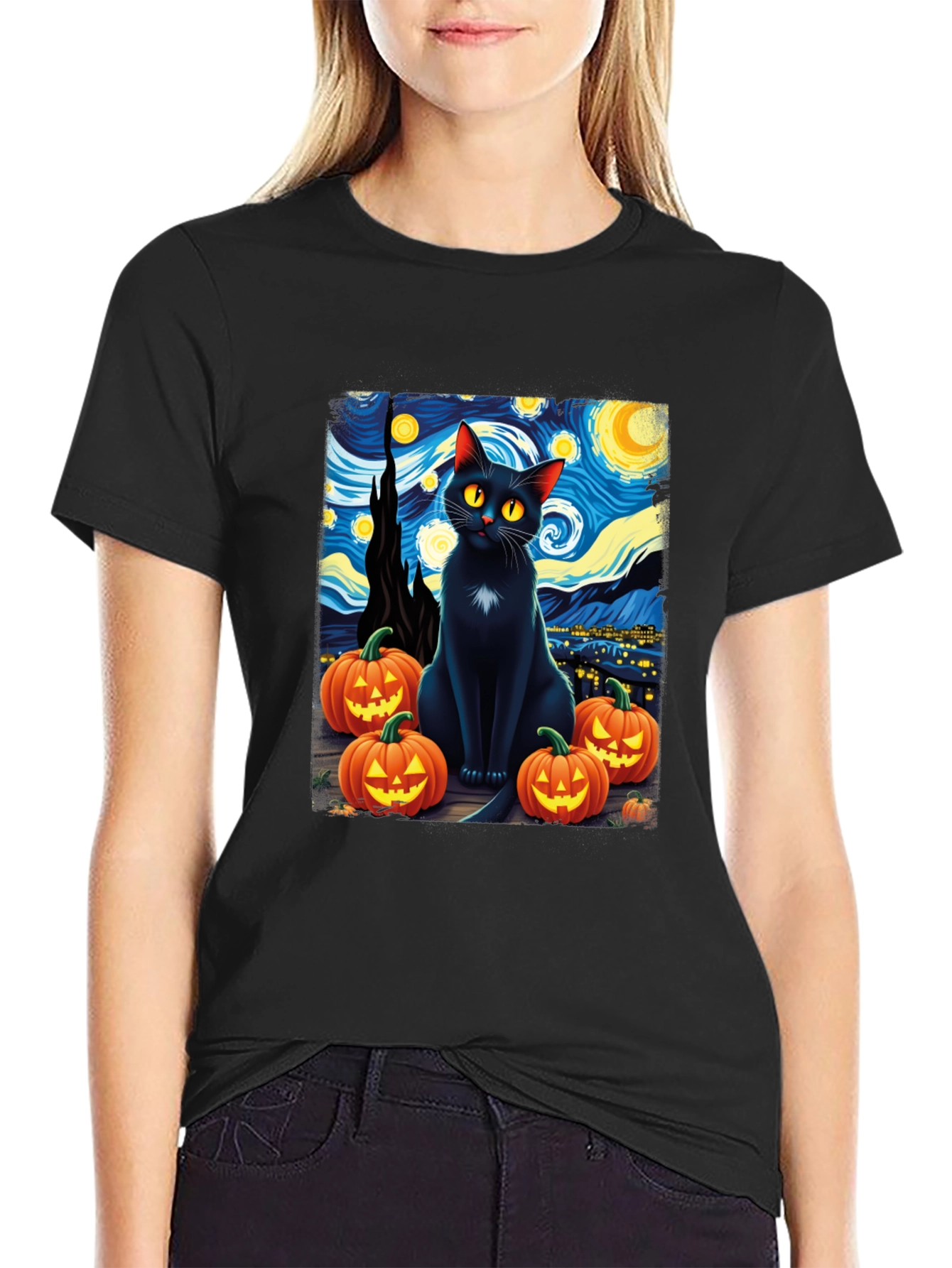 Starry Night Cat Halloween T-Shirt