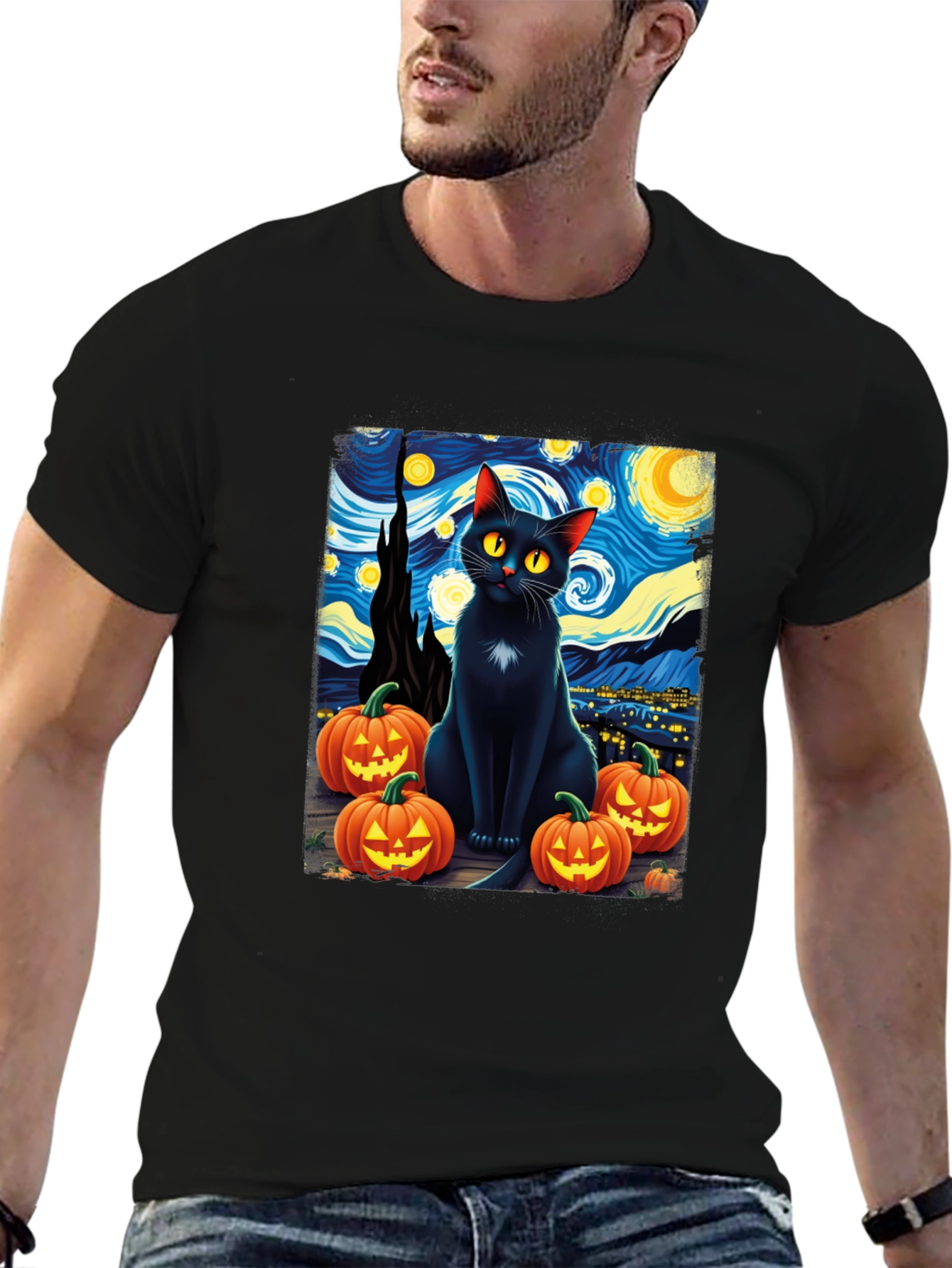 Starry Night Cat Halloween T-Shirt
