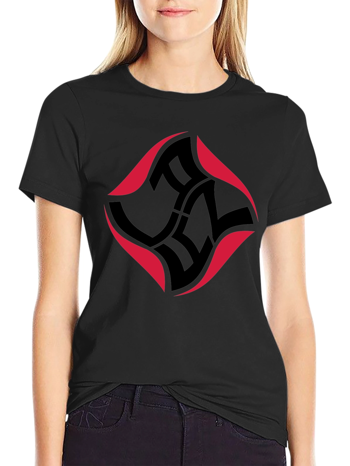 Modern Black T-Shirt with Abstract Red & Black Design