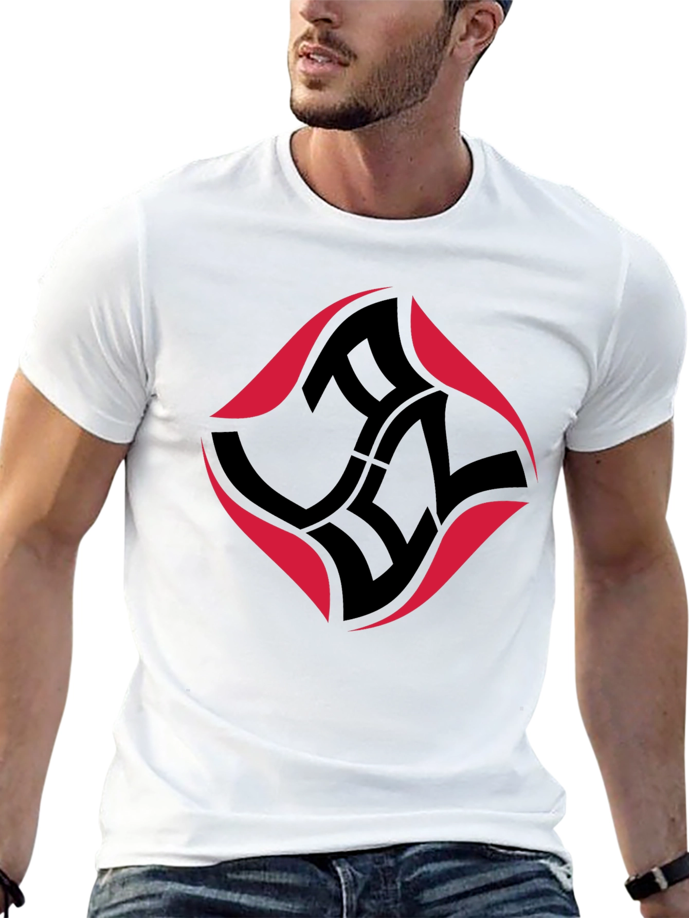Modern Black T-Shirt with Abstract Red & Black Design