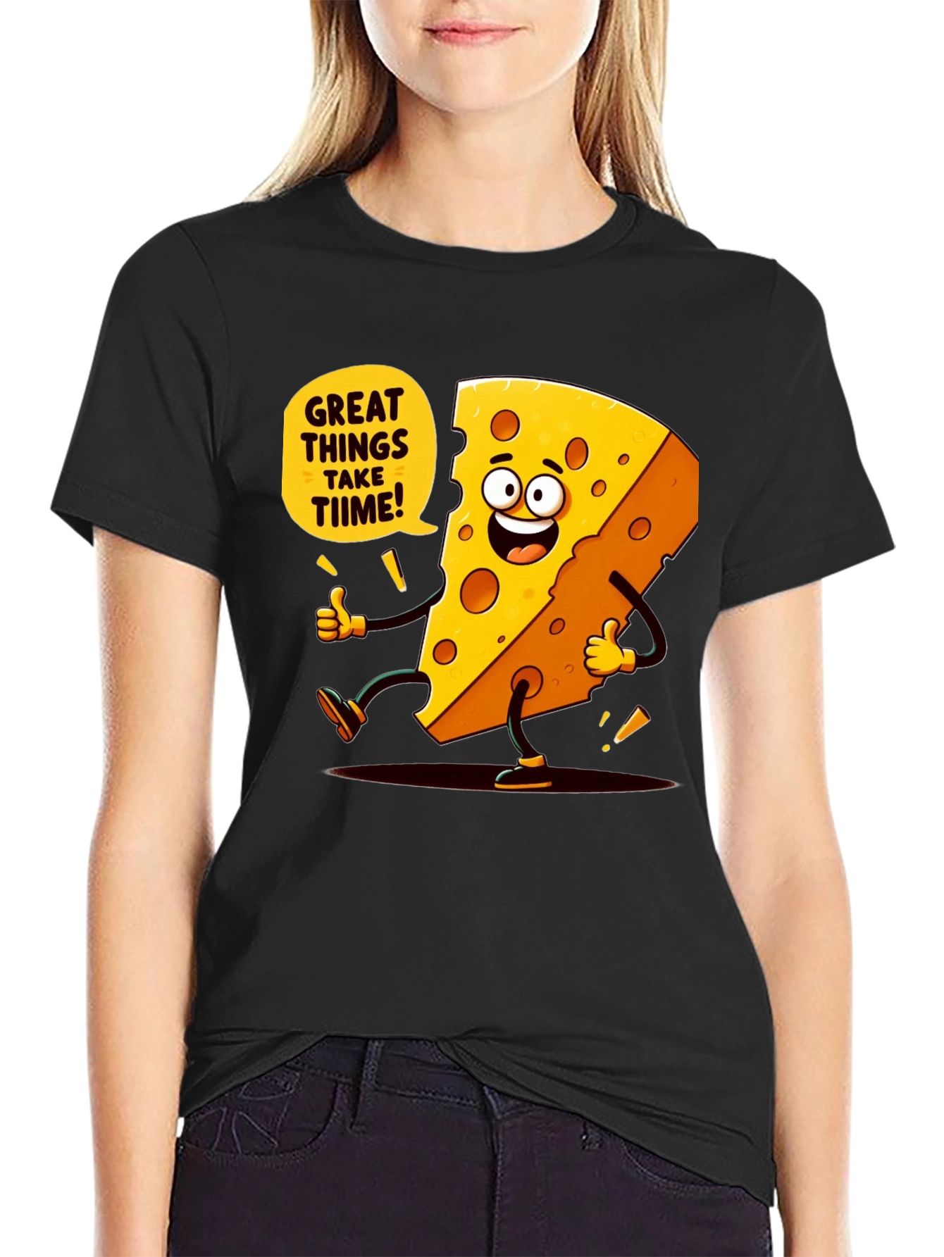 Funny Cheese Cartoon Black T-Shirt
