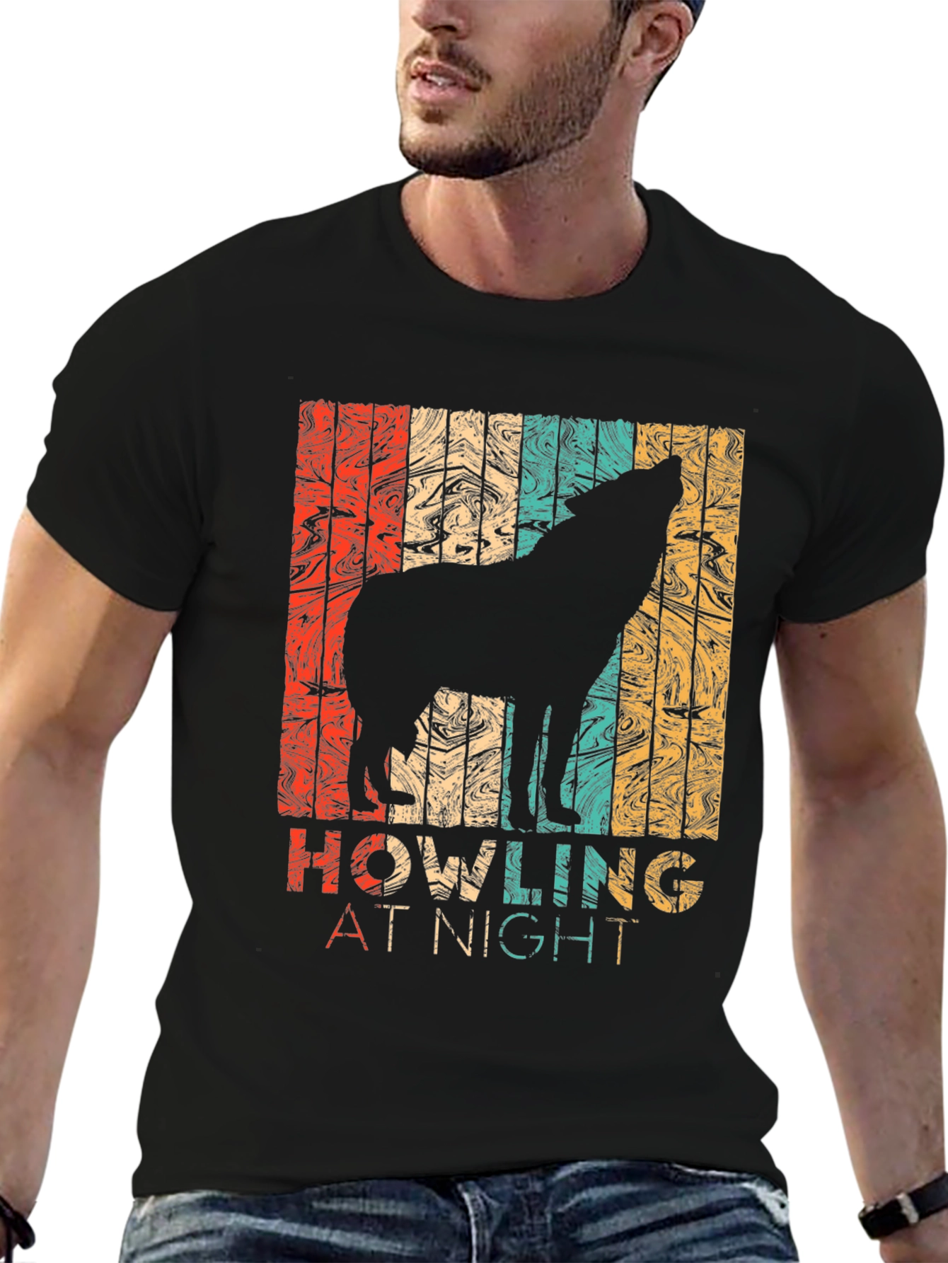Retro Wolf Howling at Night Graphic T-Shirt