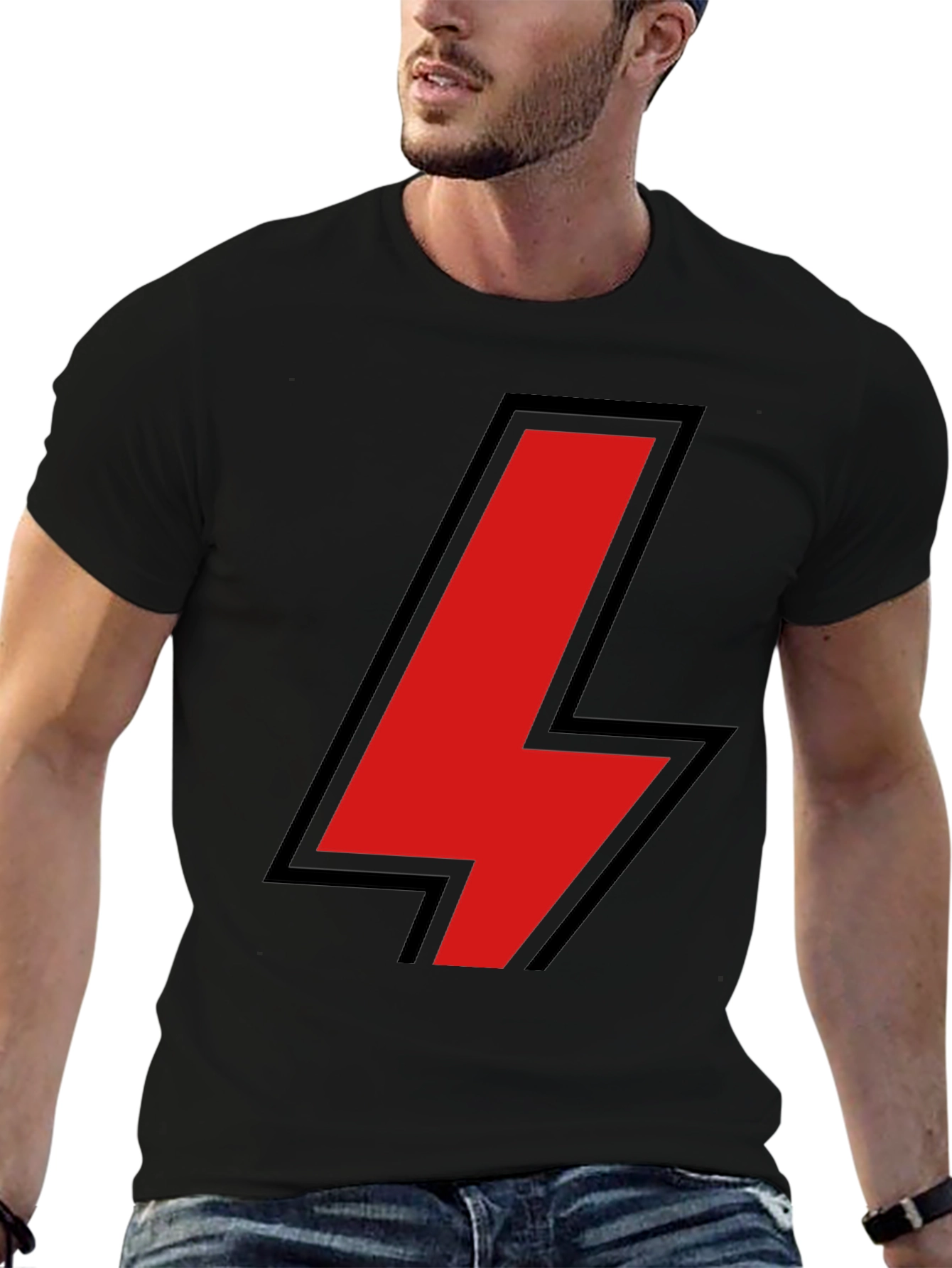 Black T-Shirt with Red Lightning Bolt Design