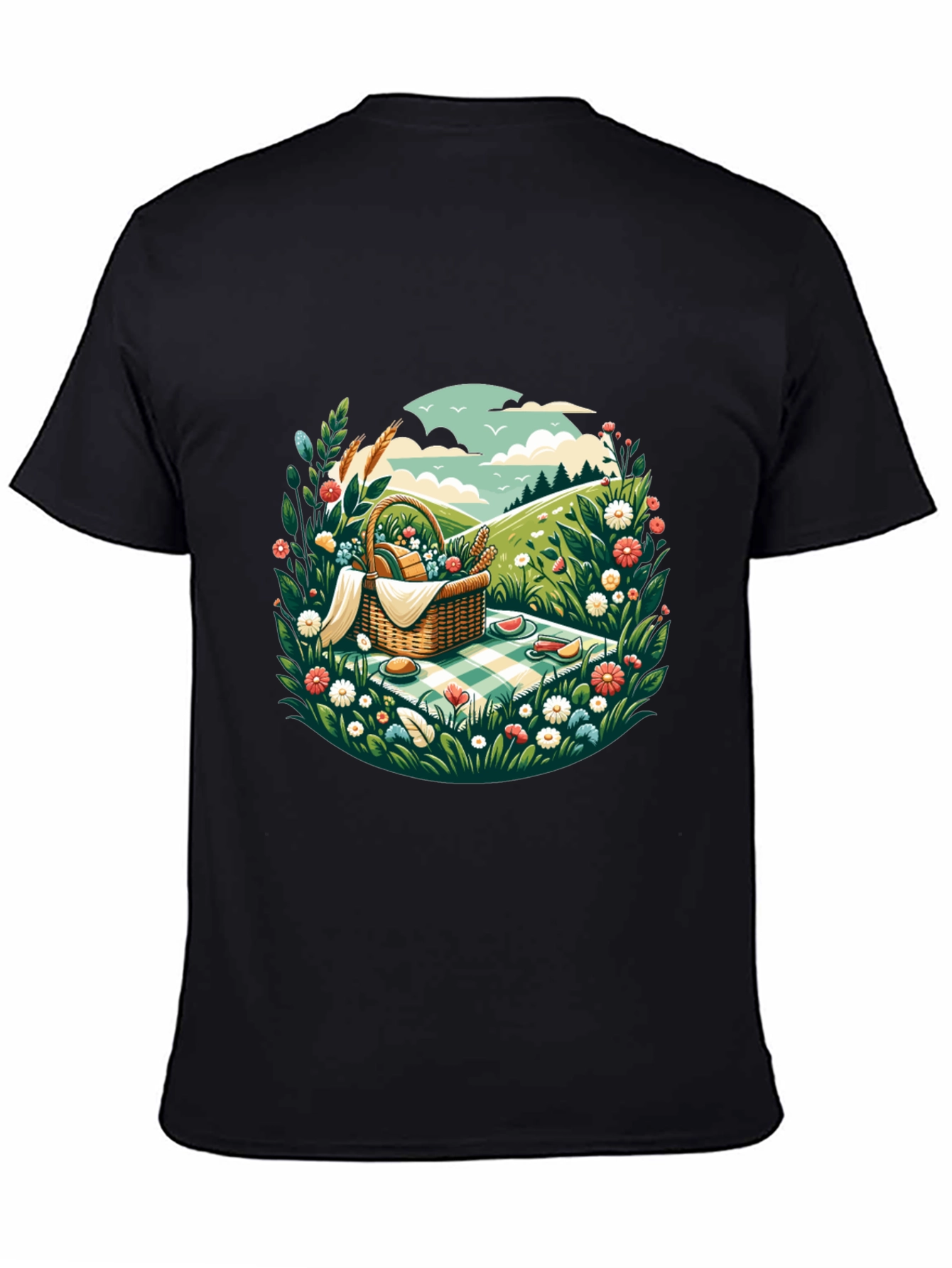 Picnic Scene Graphic Tee - Black Cotton T-Shirt