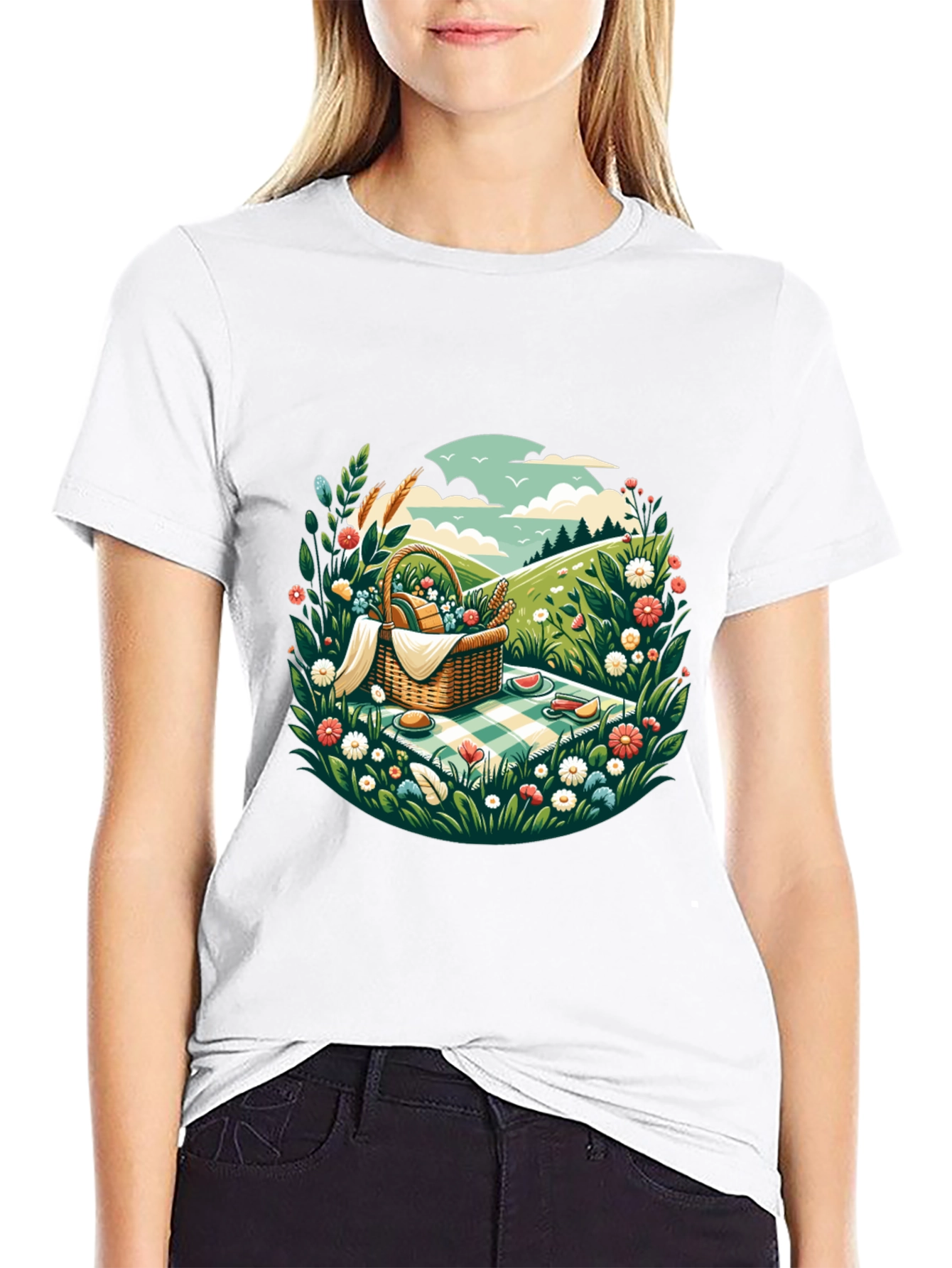 Picnic Scene Graphic Tee - Black Cotton T-Shirt