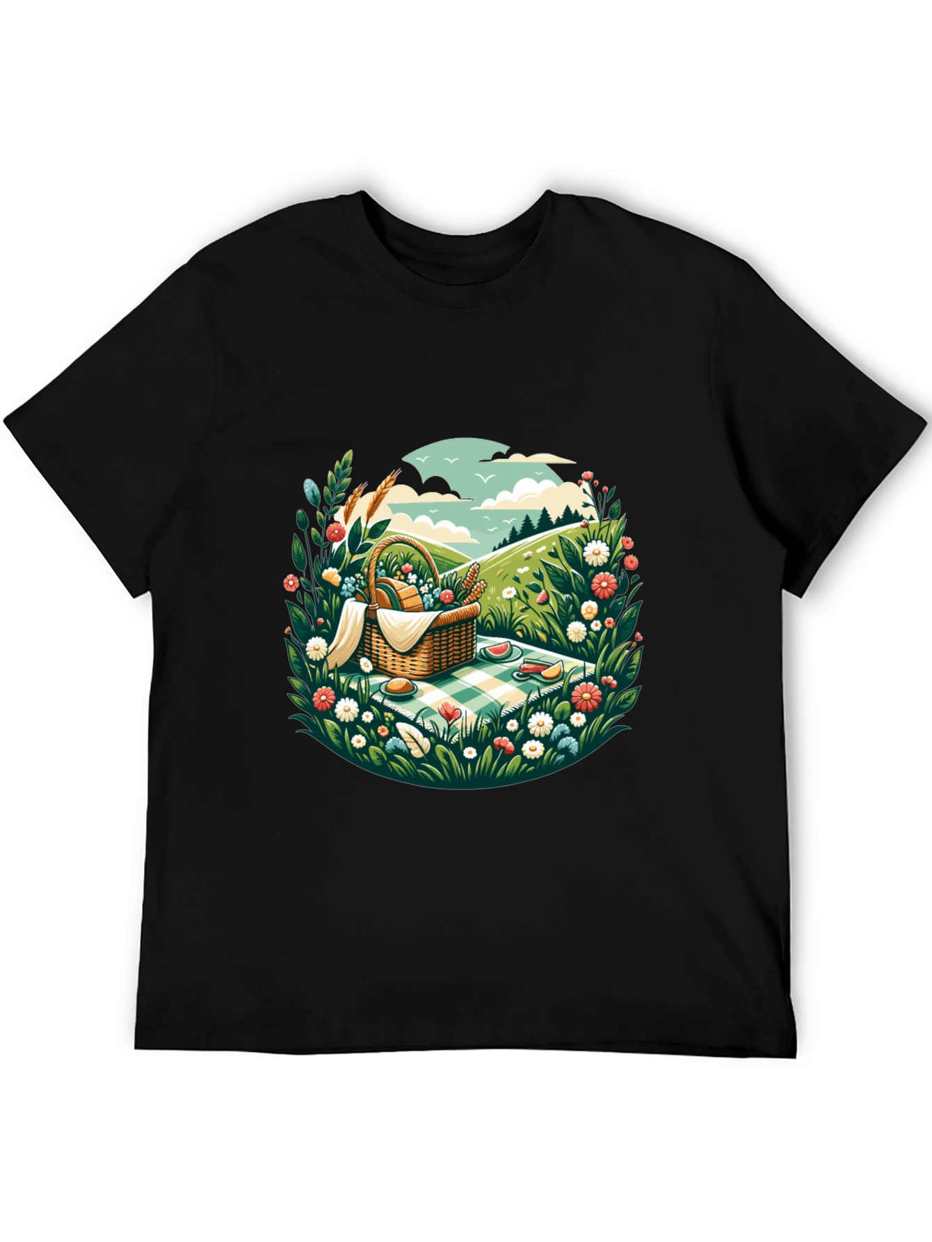 Picnic Scene Graphic Tee - Black Cotton T-Shirt
