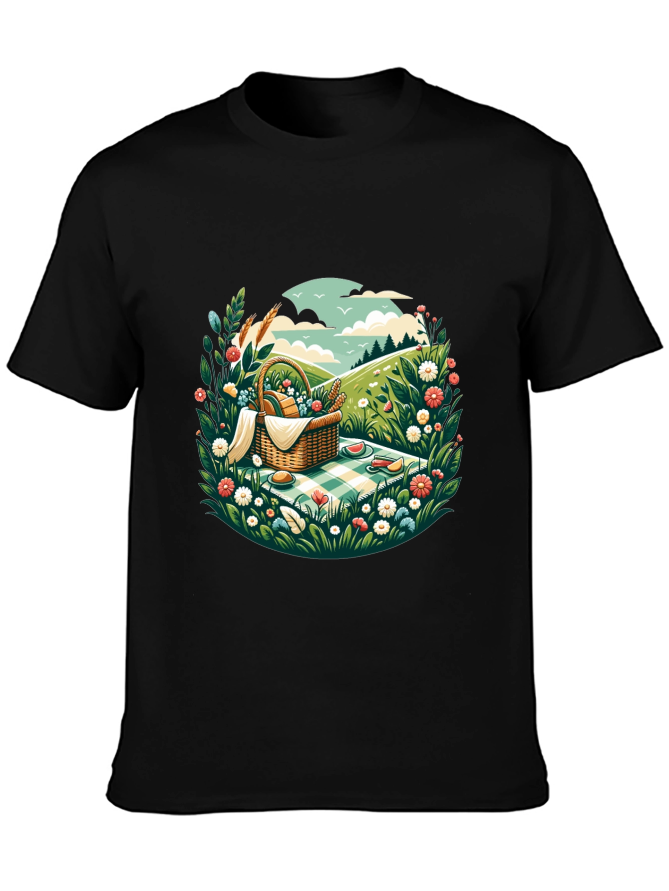 Picnic Scene Graphic Tee - Black Cotton T-Shirt