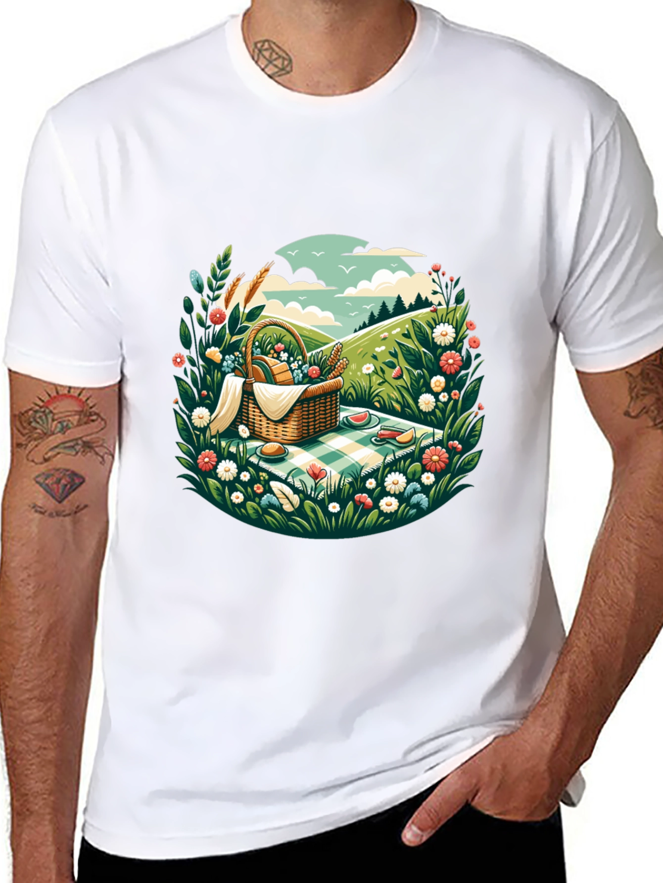 Picnic Scene Graphic Tee - Black Cotton T-Shirt