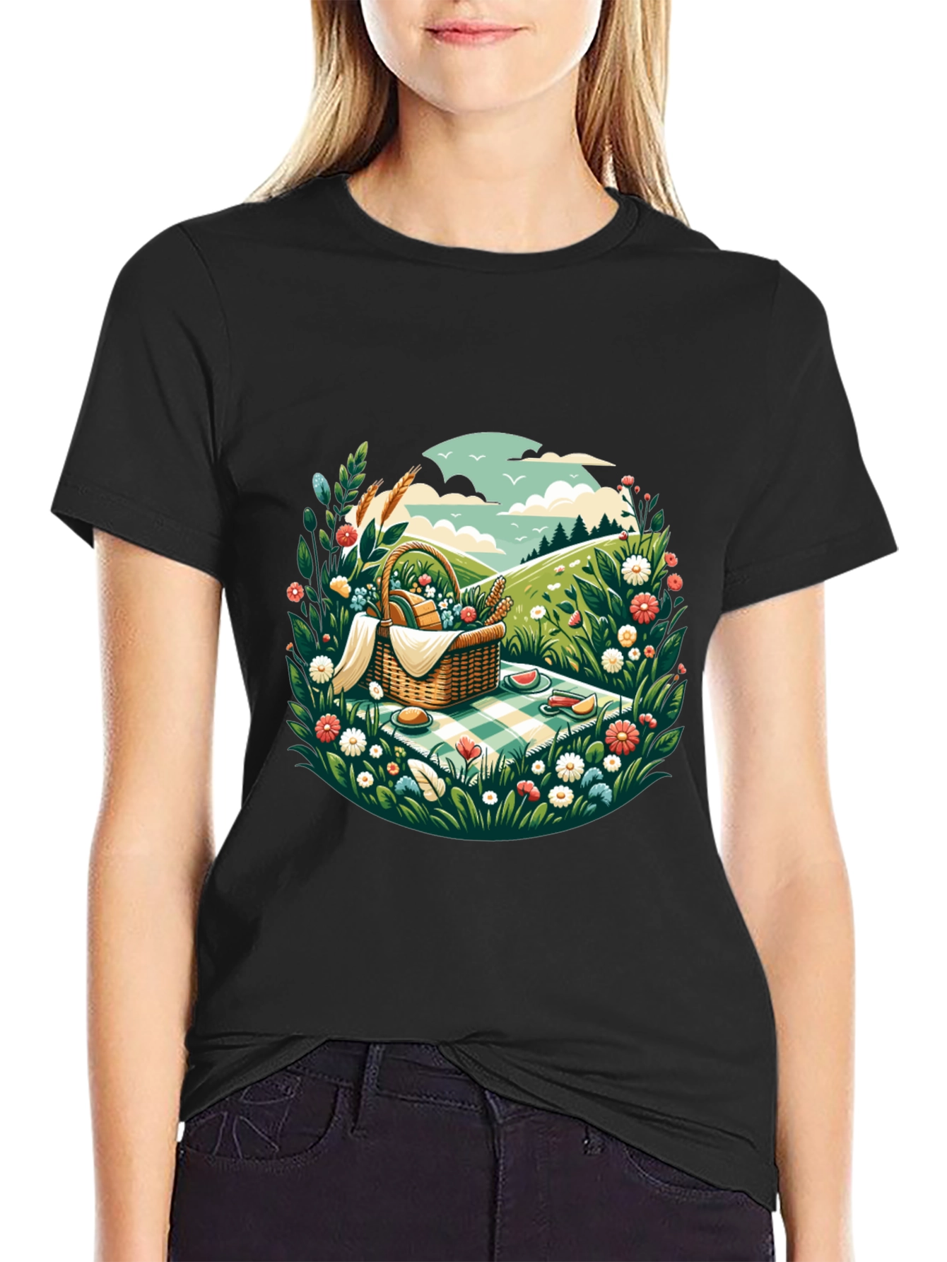 Picnic Scene Graphic Tee - Black Cotton T-Shirt