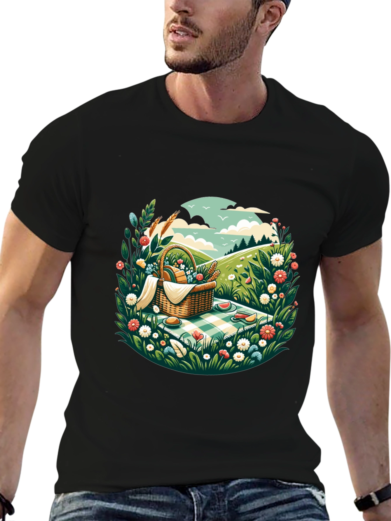 Picnic Scene Graphic Tee - Black Cotton T-Shirt
