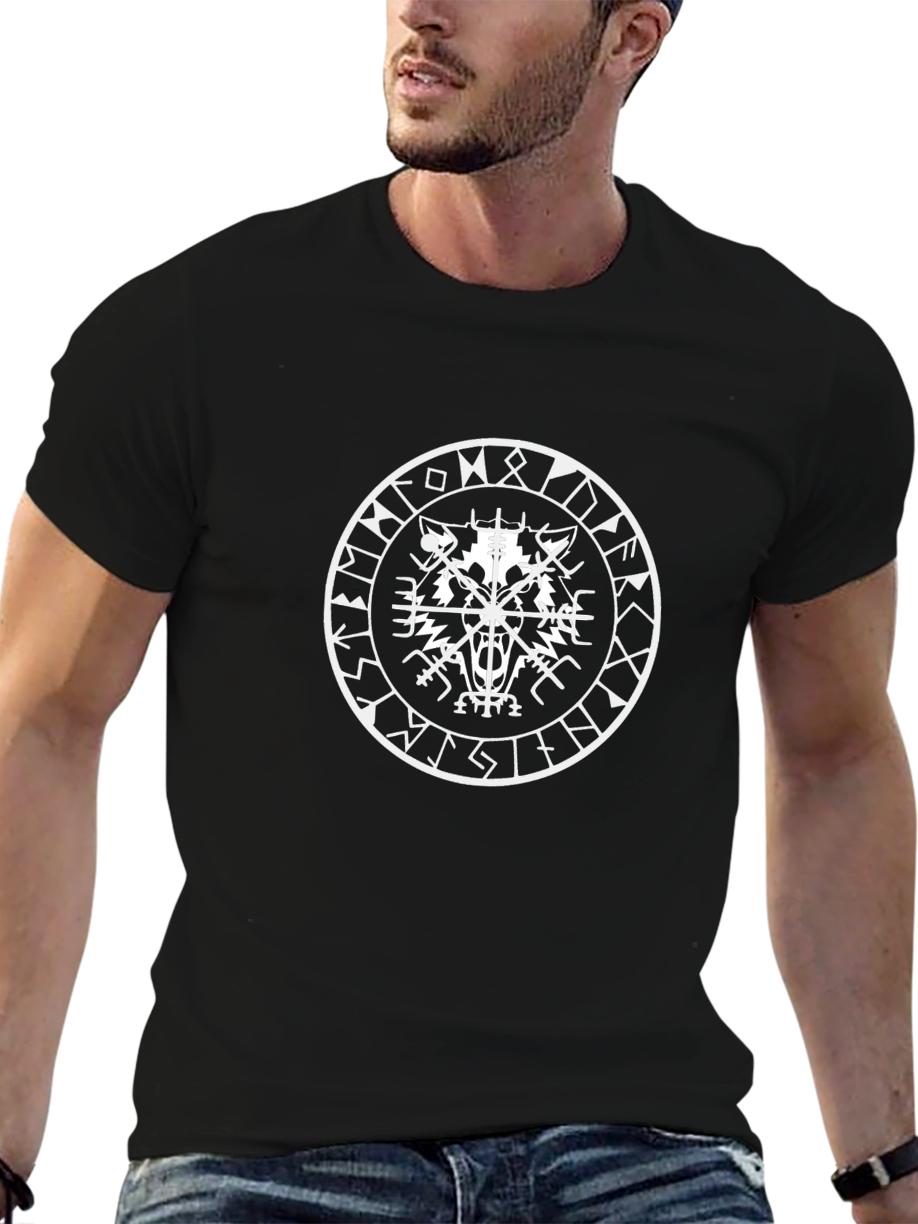 Viking Rune Wolf Graphic T-Shirt - Black