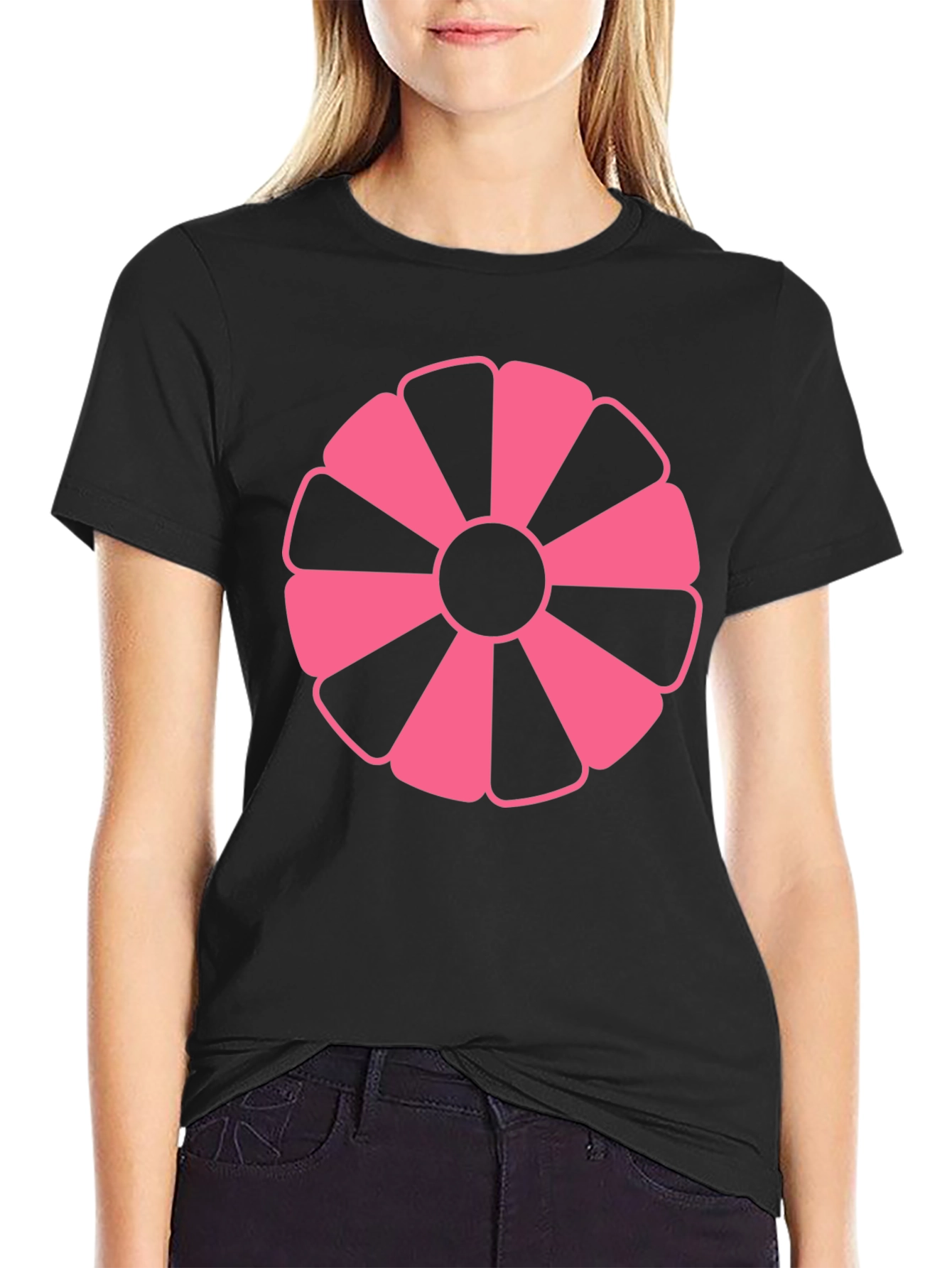 Pink Petal Graphic Black T-Shirt