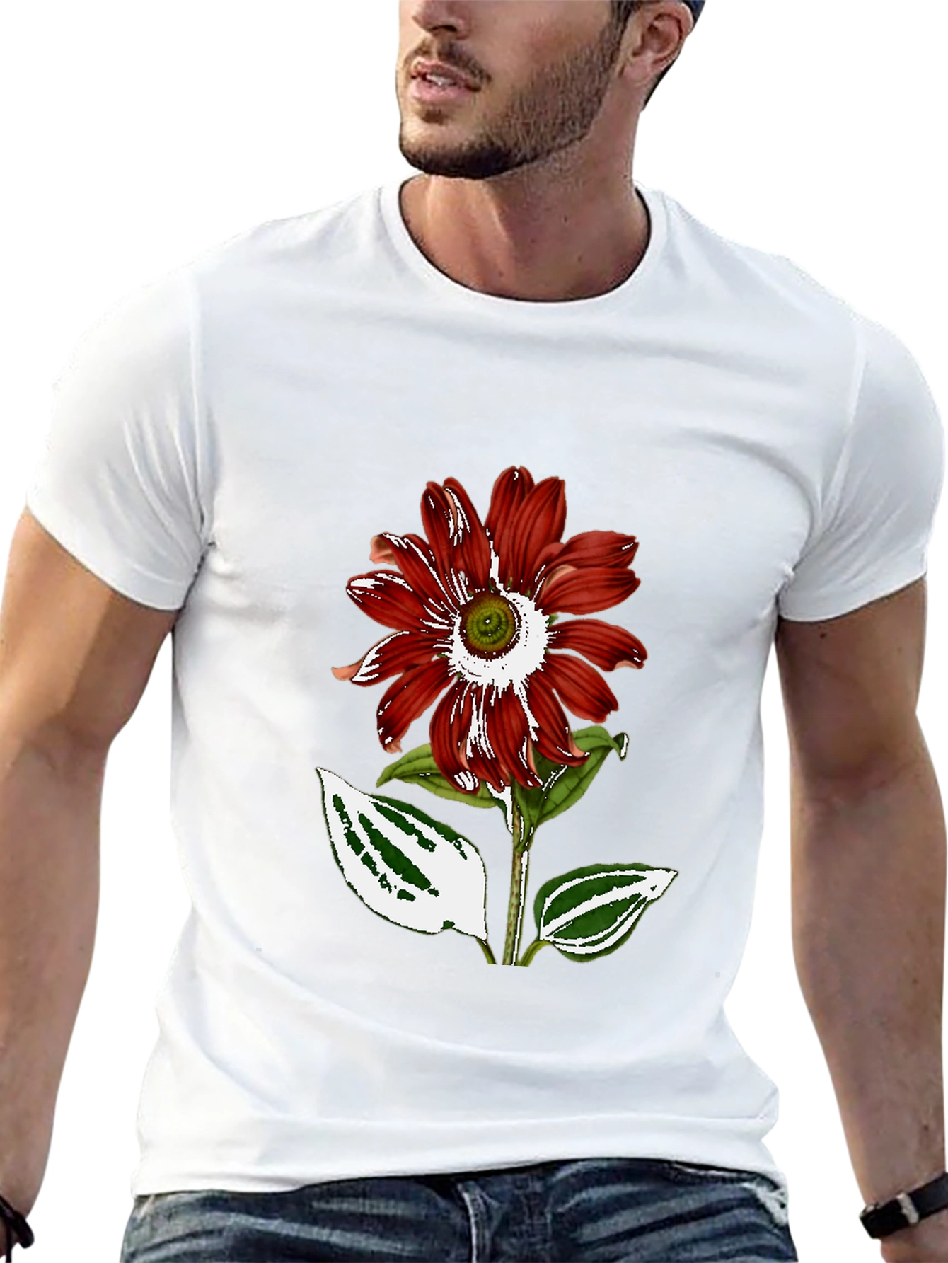 Red Flower Graphic Black T-Shirt