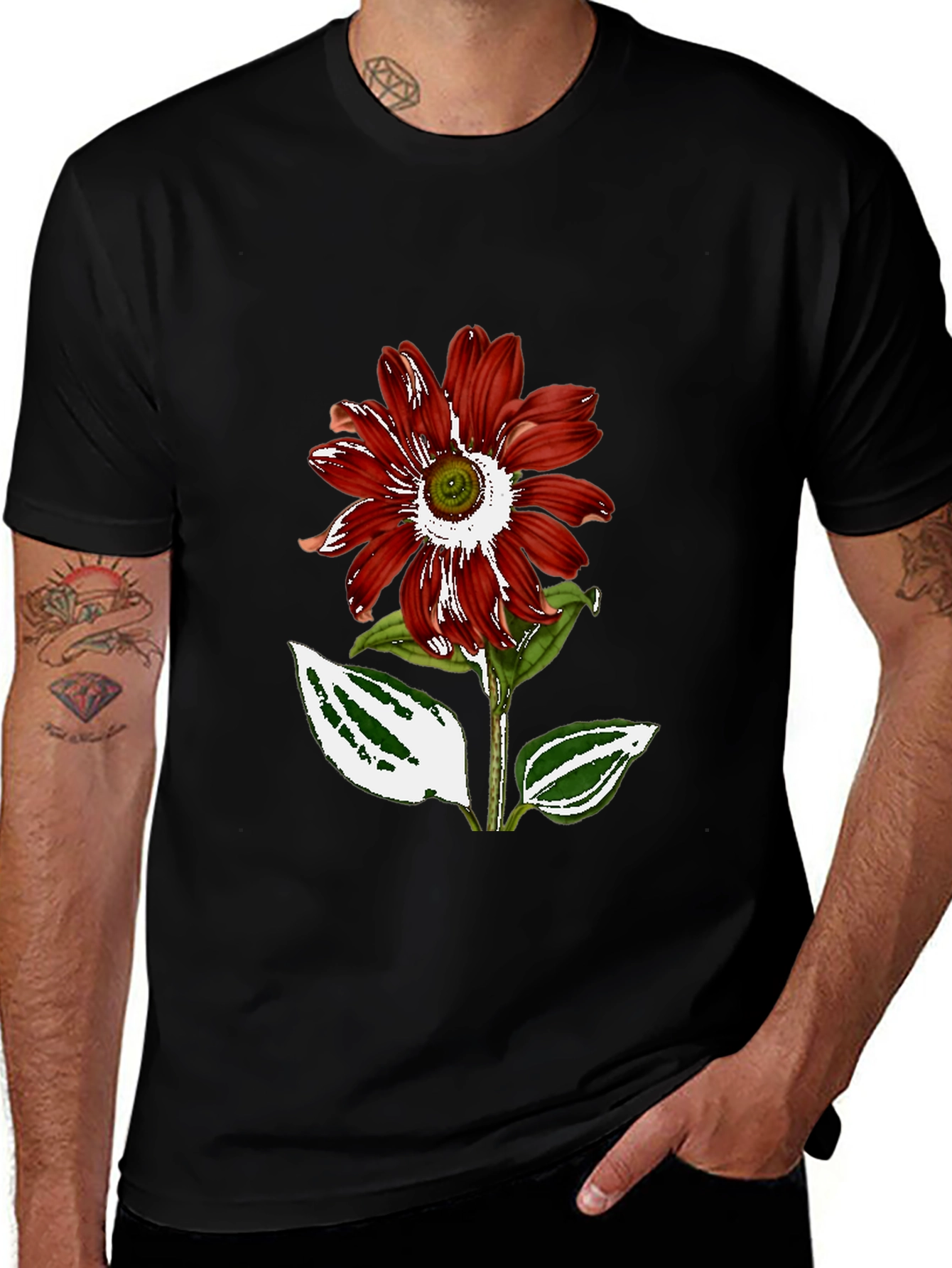 Red Flower Graphic Black T-Shirt