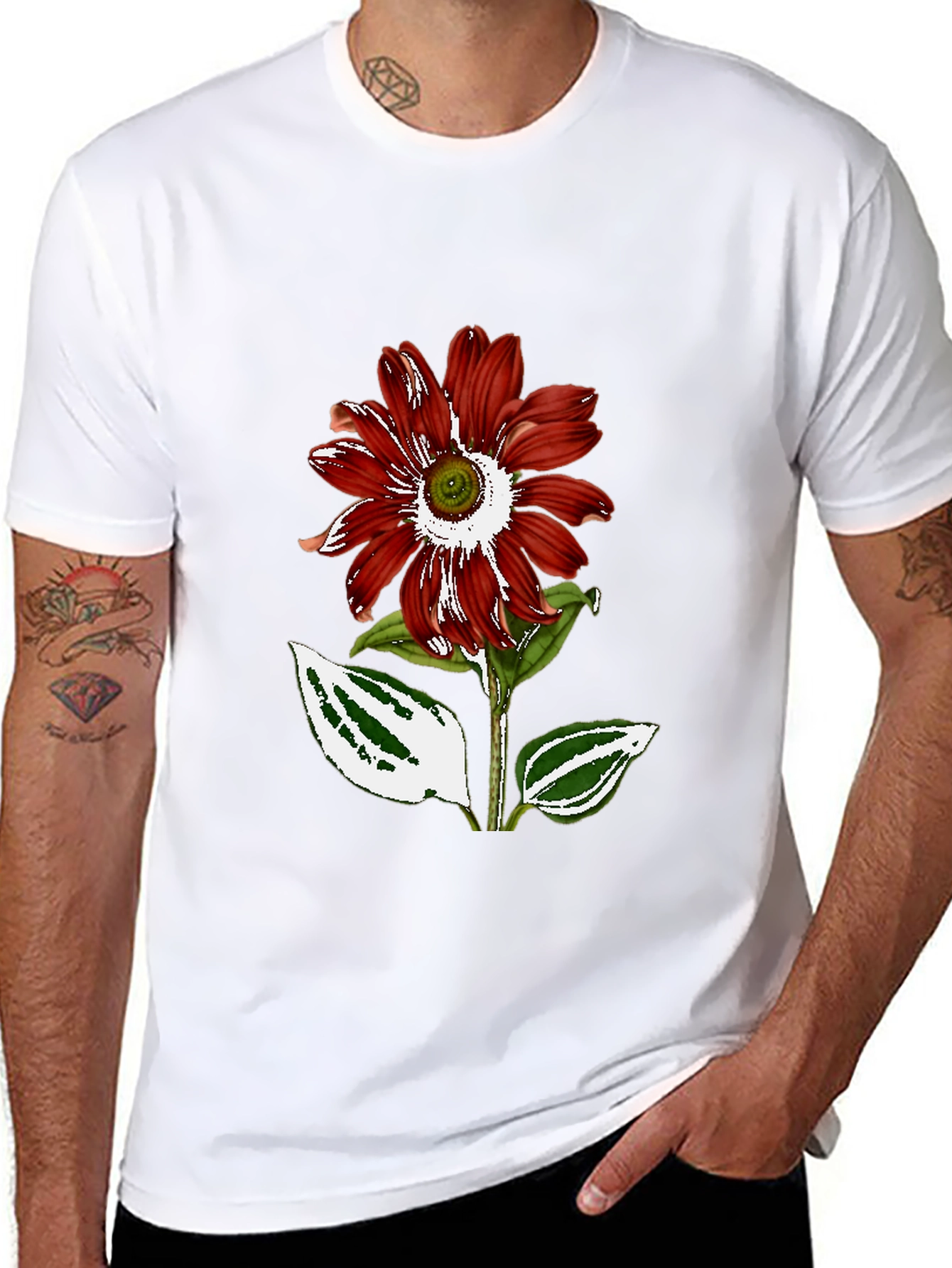 Red Flower Graphic Black T-Shirt