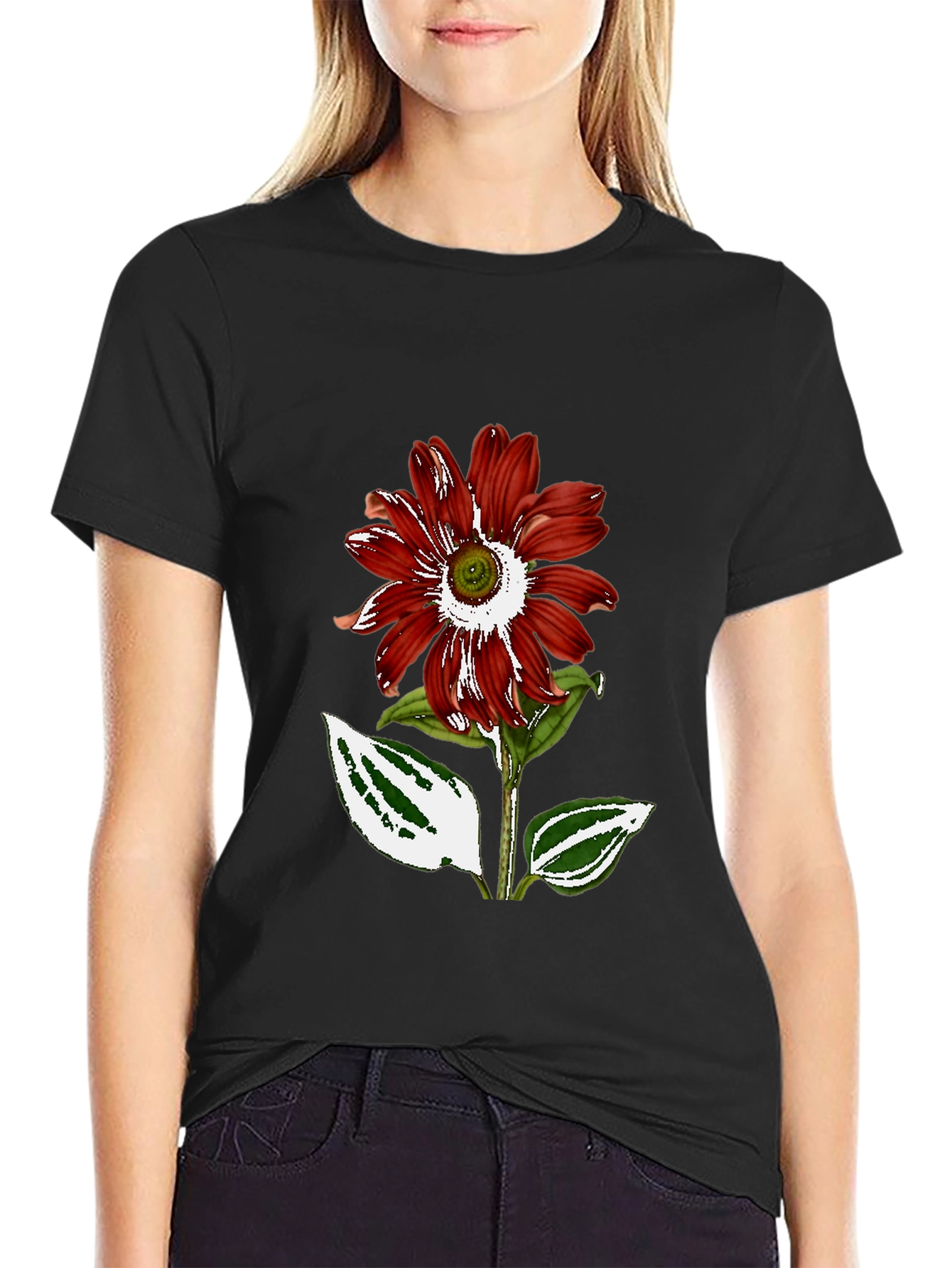 Red Flower Graphic Black T-Shirt