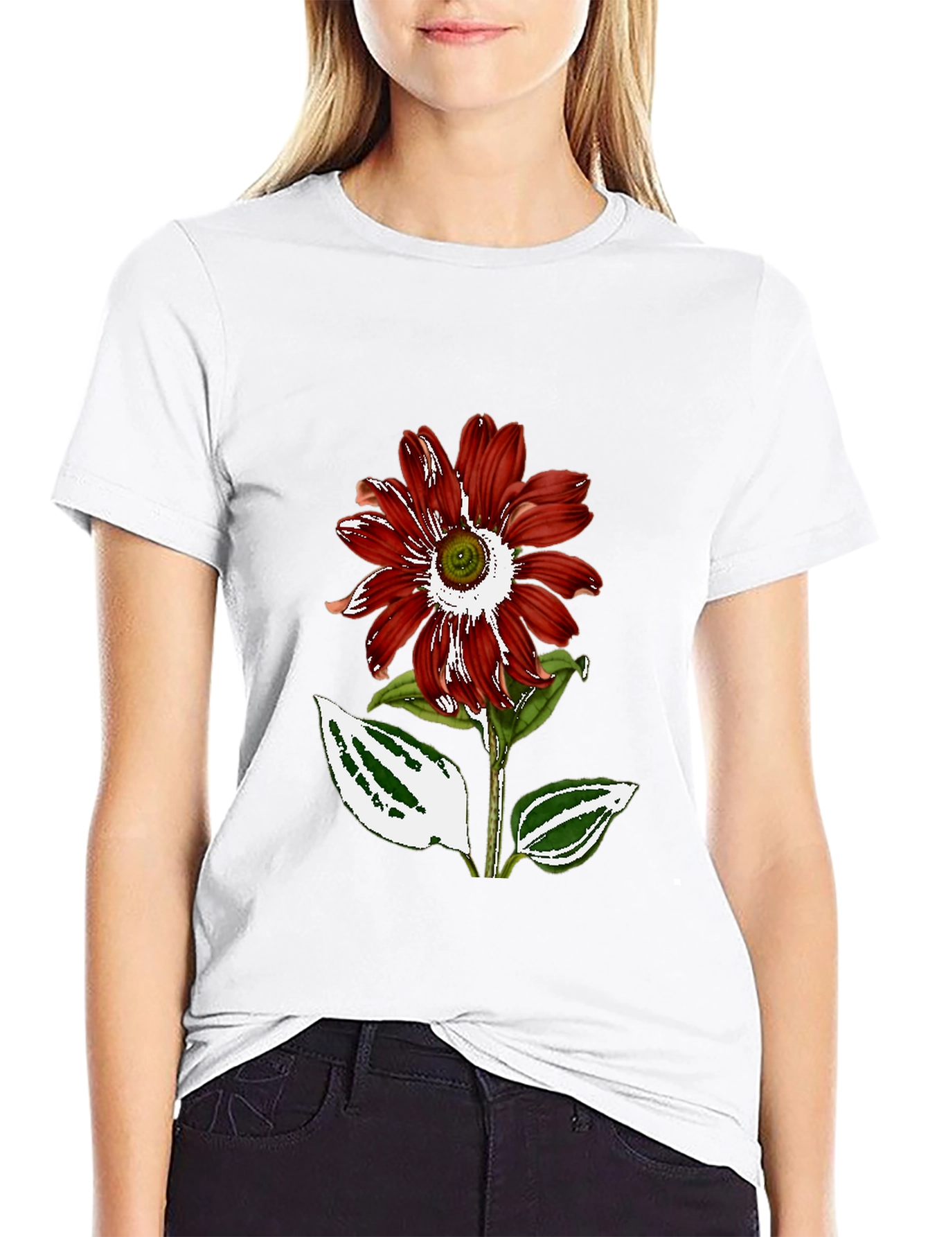 Red Flower Graphic Black T-Shirt