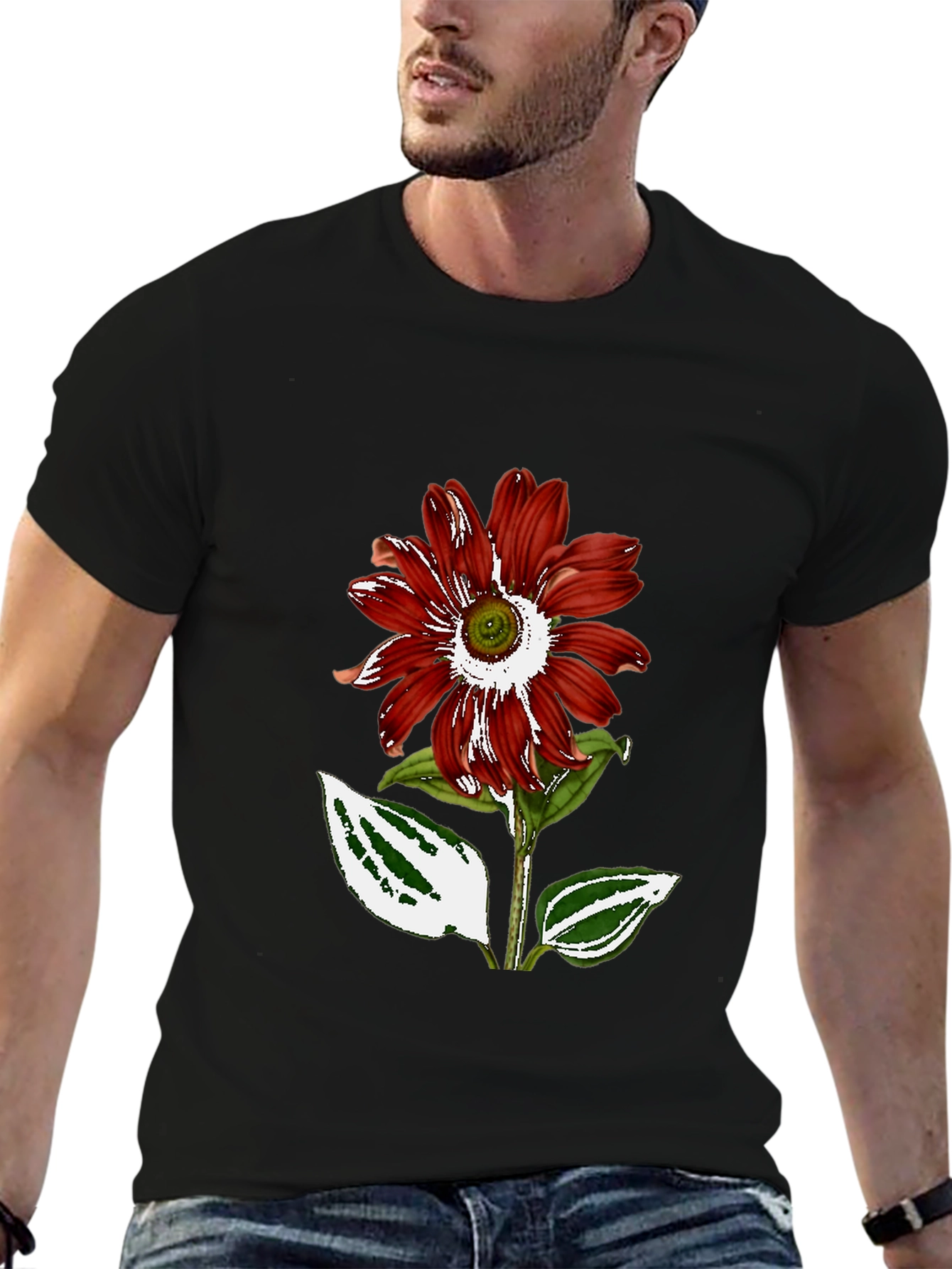 Red Flower Graphic Black T-Shirt