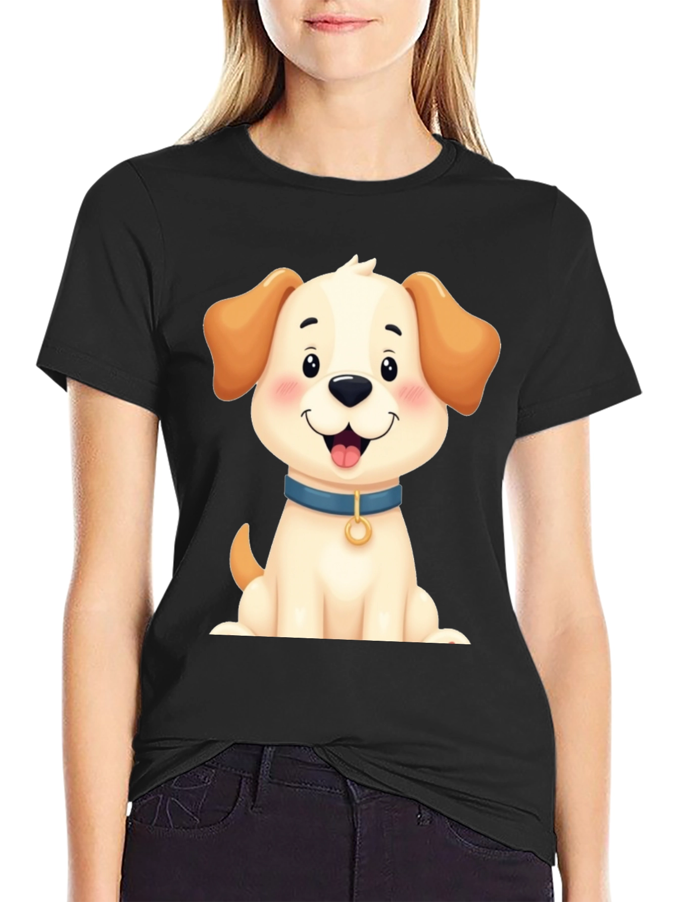 Cute Dog Graphic Tee - Black Cotton Blend