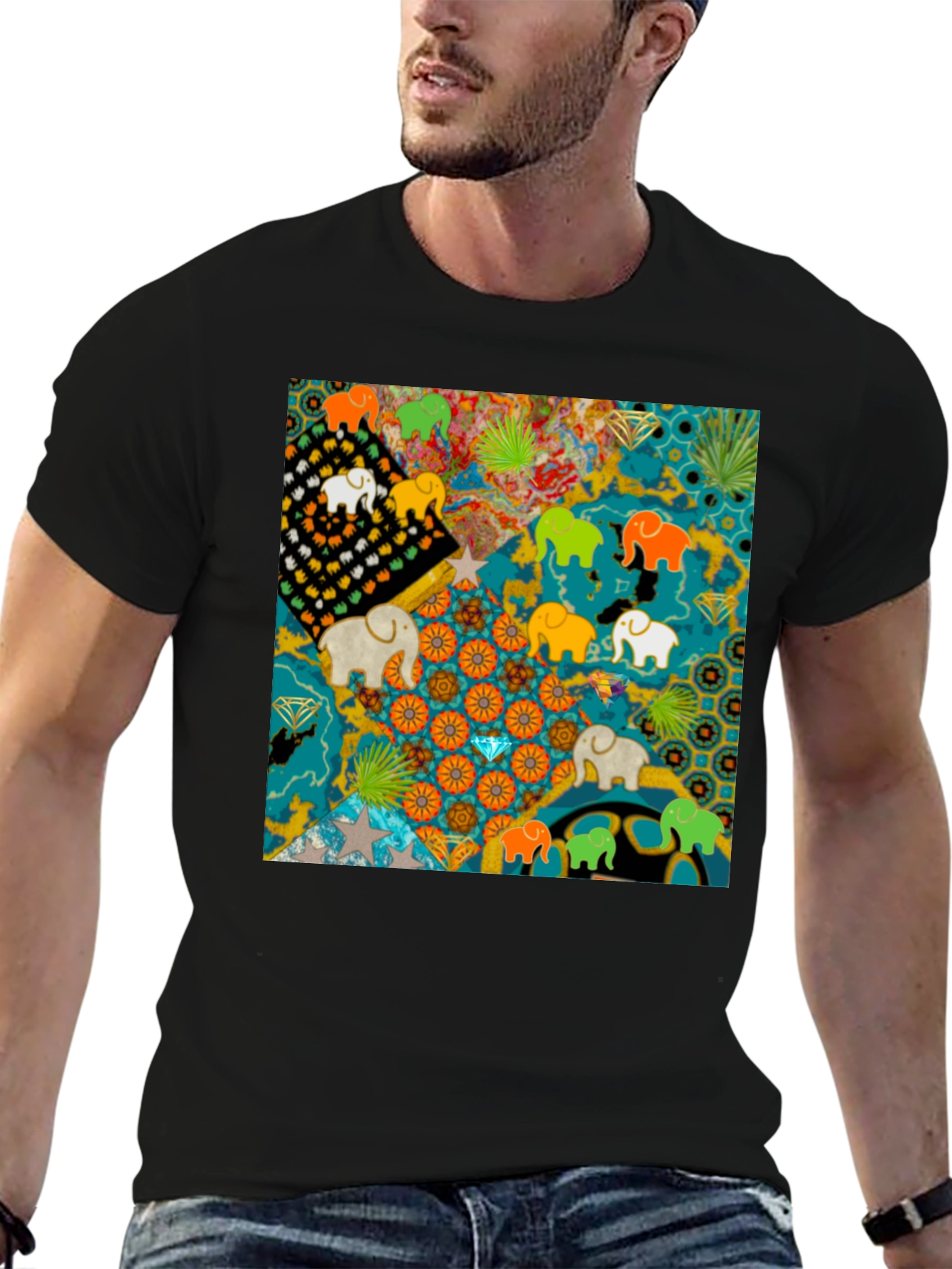 Elephant Art Print Black Tee