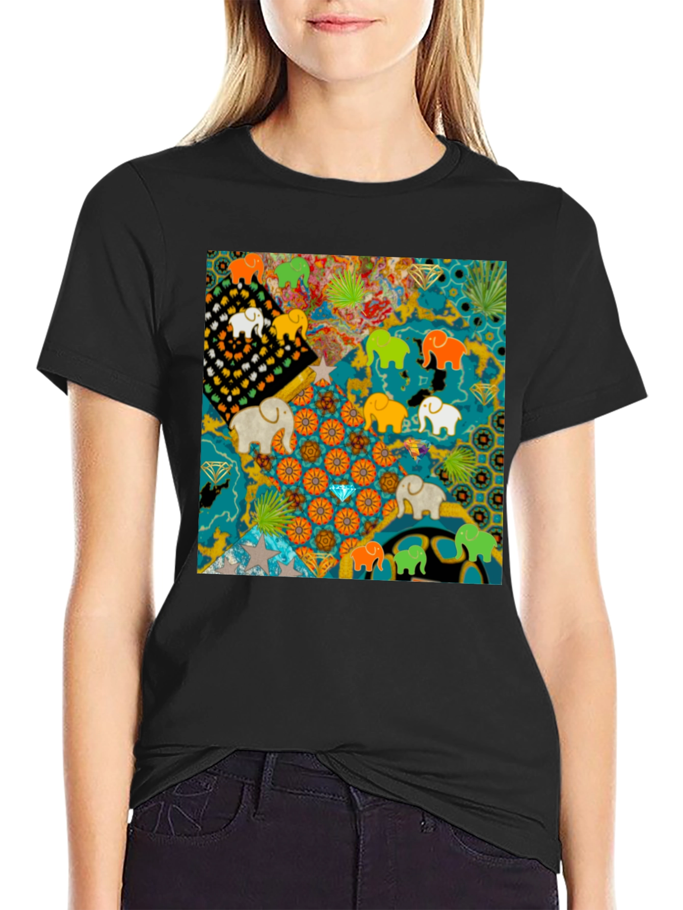 Elephant Art Print Black Tee
