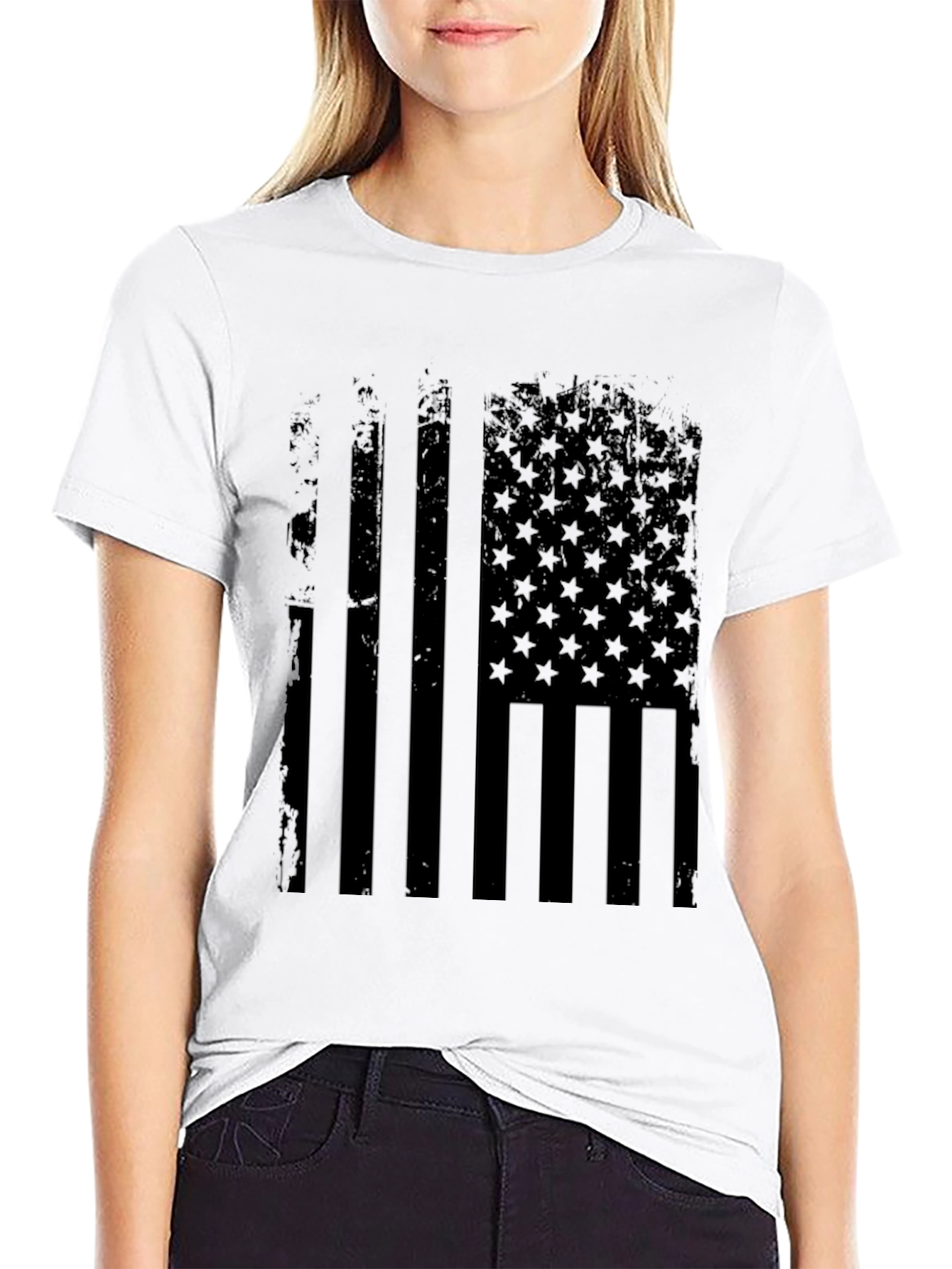 Distressed American Flag Graphic Tee - Black