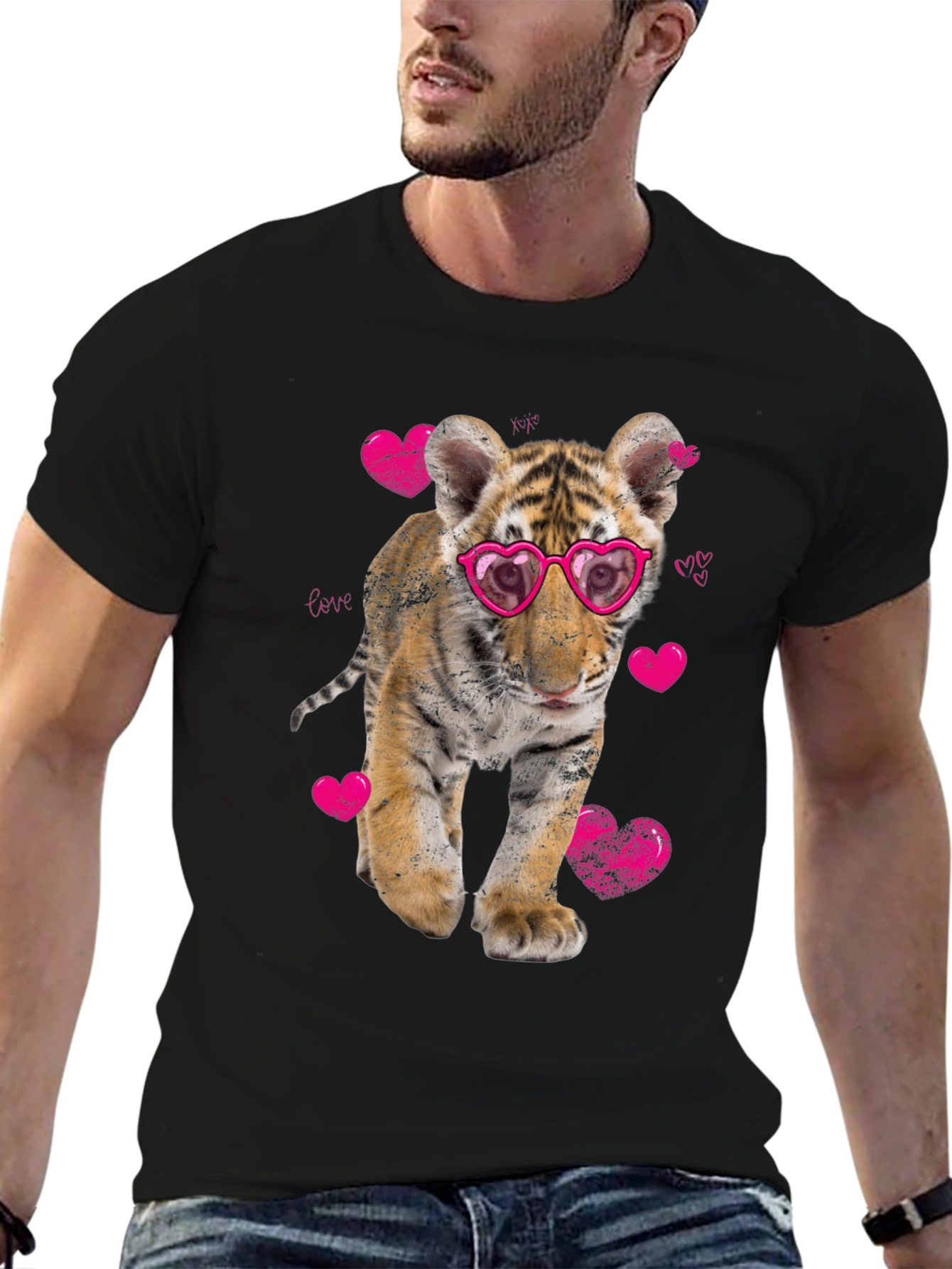 Cute Tiger Cub in Heart Glasses Graphic T-Shirt