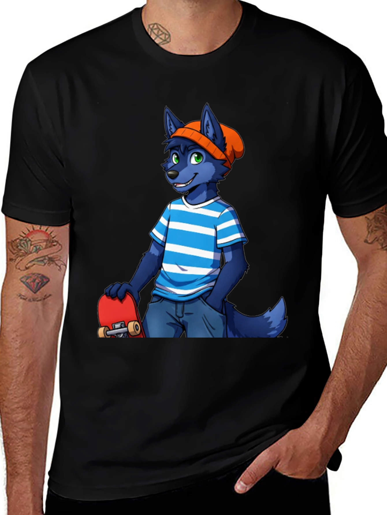 Furry Skater T-Shirt - Cool Blue Wolf Design