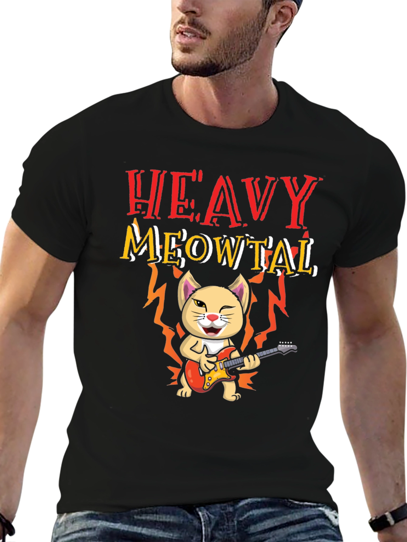 Heavy Meowtal Cat Graphic T-Shirt - Rock On!