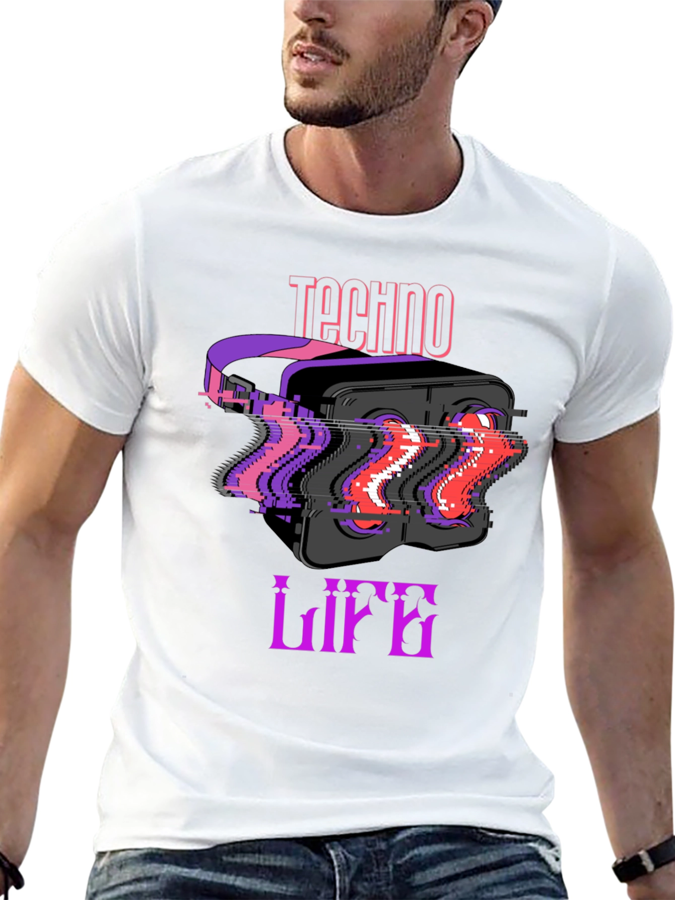 Techno Life VR Headset Glitch Graphic Black T-Shirt