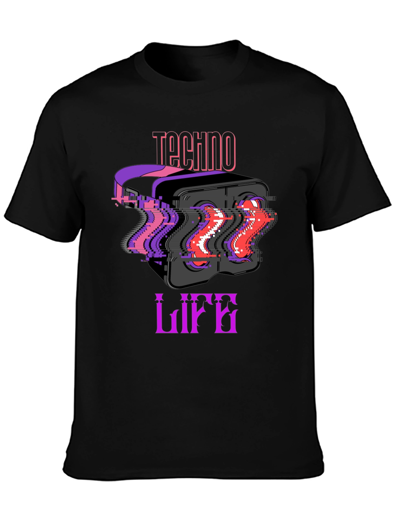 Techno Life VR Headset Glitch Graphic Black T-Shirt