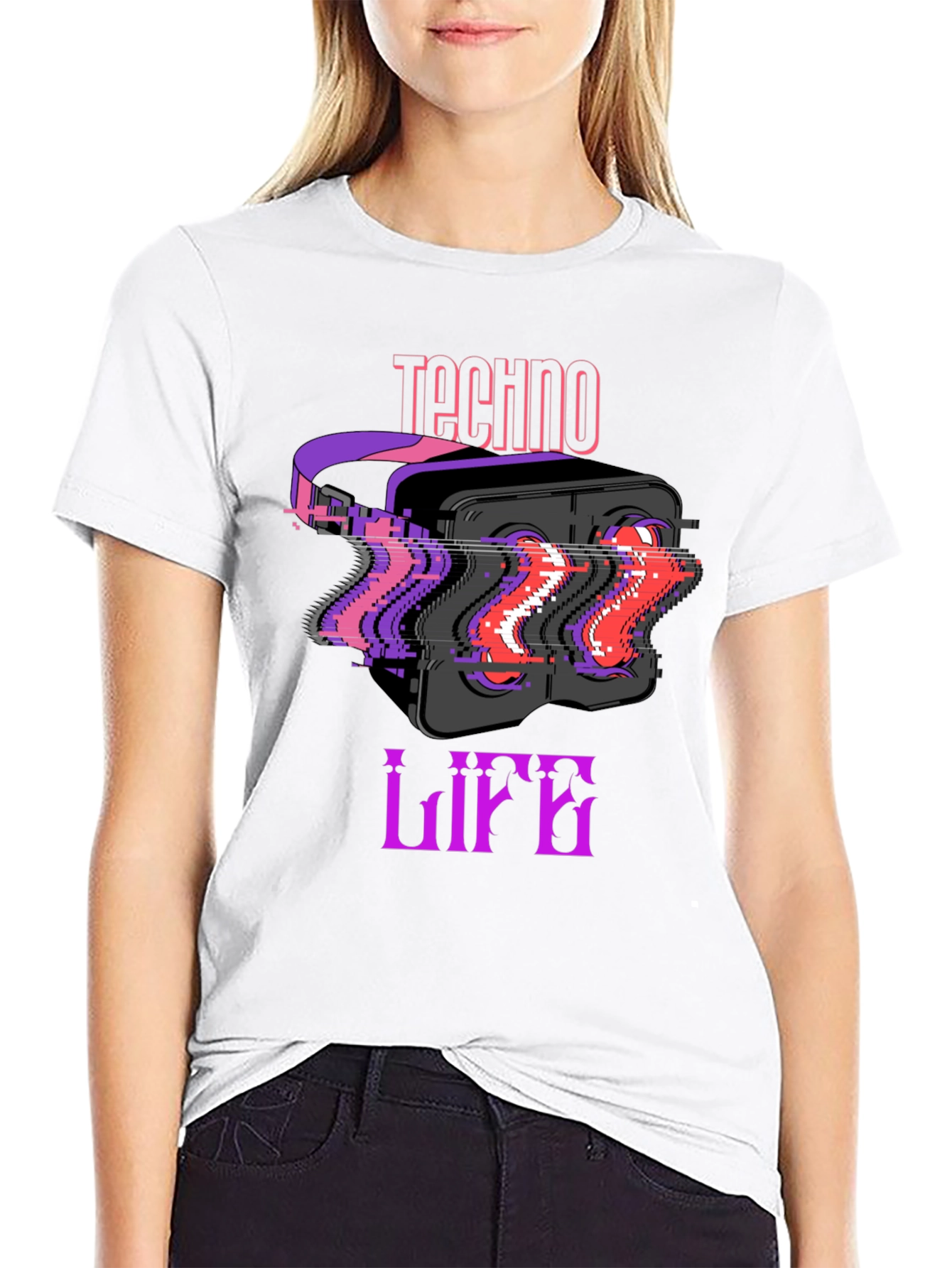 Techno Life VR Headset Glitch Graphic Black T-Shirt