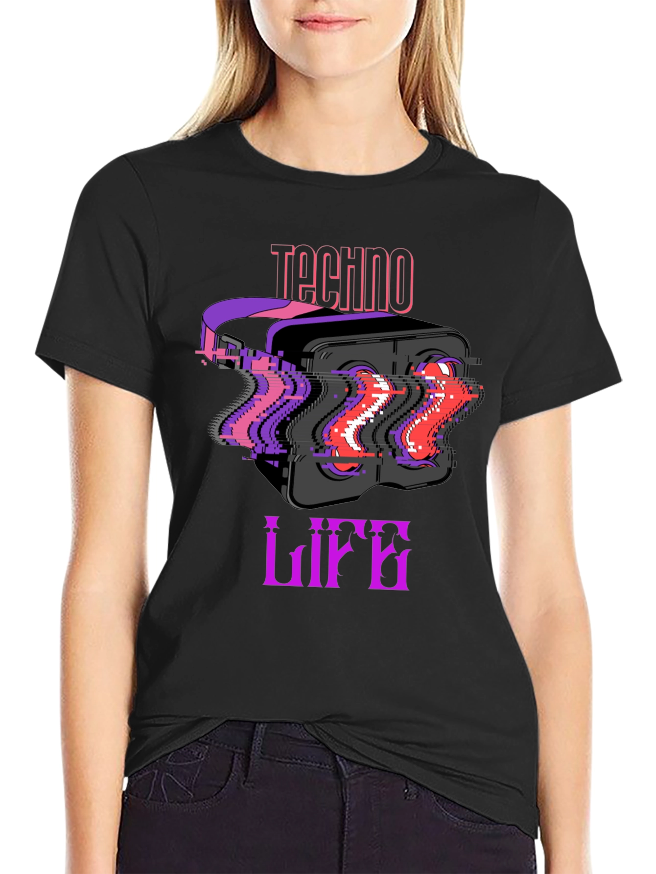 Techno Life VR Headset Glitch Graphic Black T-Shirt