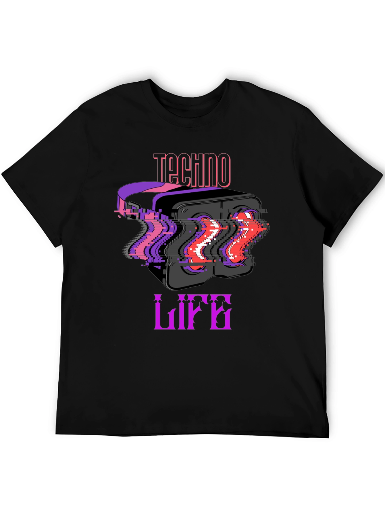 Techno Life VR Headset Glitch Graphic Black T-Shirt
