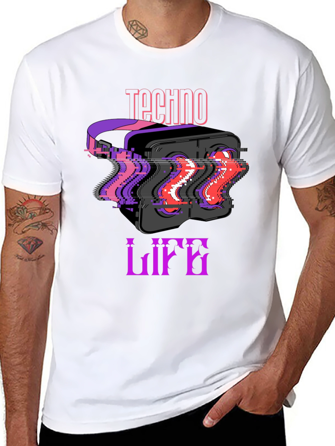 Techno Life VR Headset Glitch Graphic Black T-Shirt