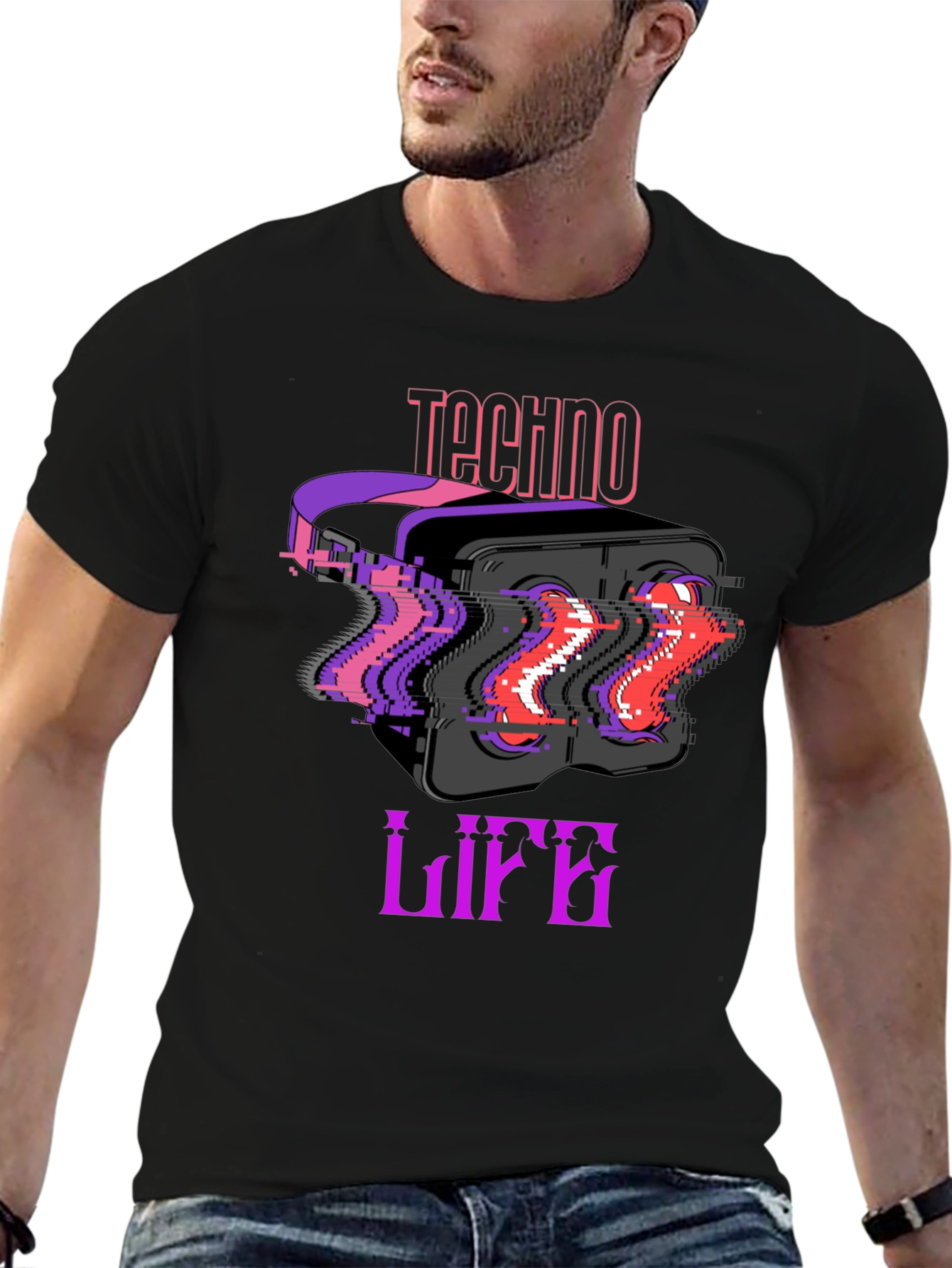 Techno Life VR Headset Glitch Graphic Black T-Shirt