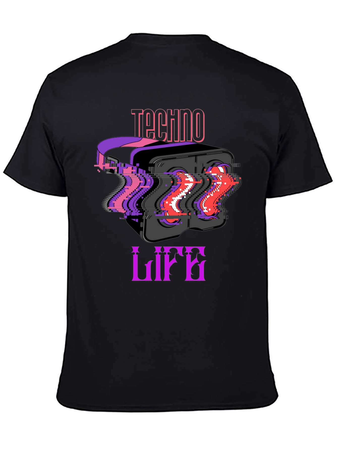 Techno Life VR Headset Glitch Graphic Black T-Shirt