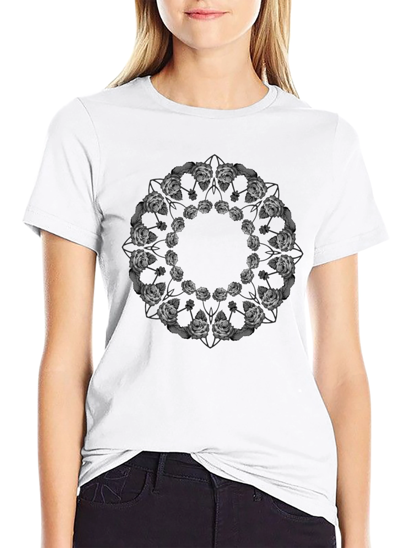 Rose Mandala Graphic Tee - Black Casual T-Shirt