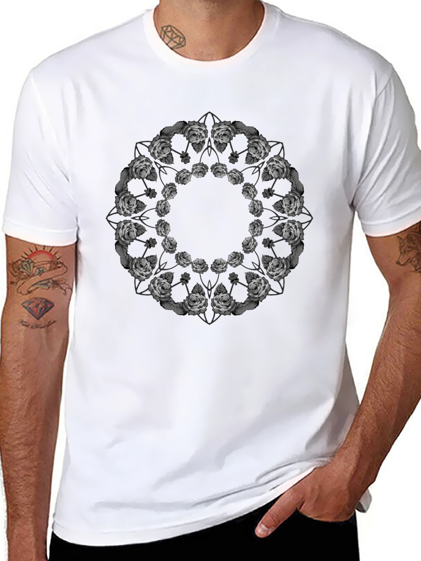 Rose Mandala Graphic Tee - Black Casual T-Shirt