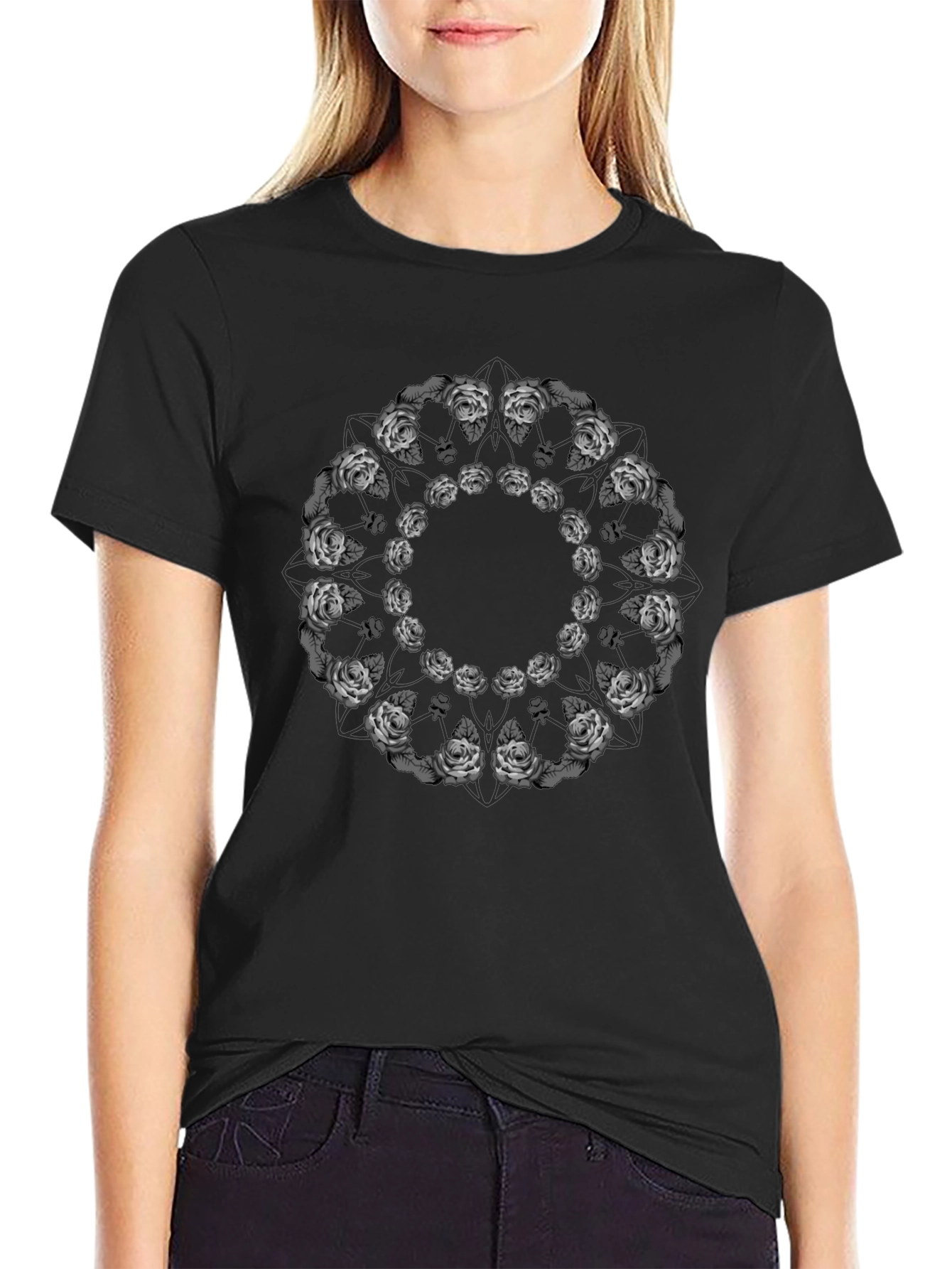 Rose Mandala Graphic Tee - Black Casual T-Shirt