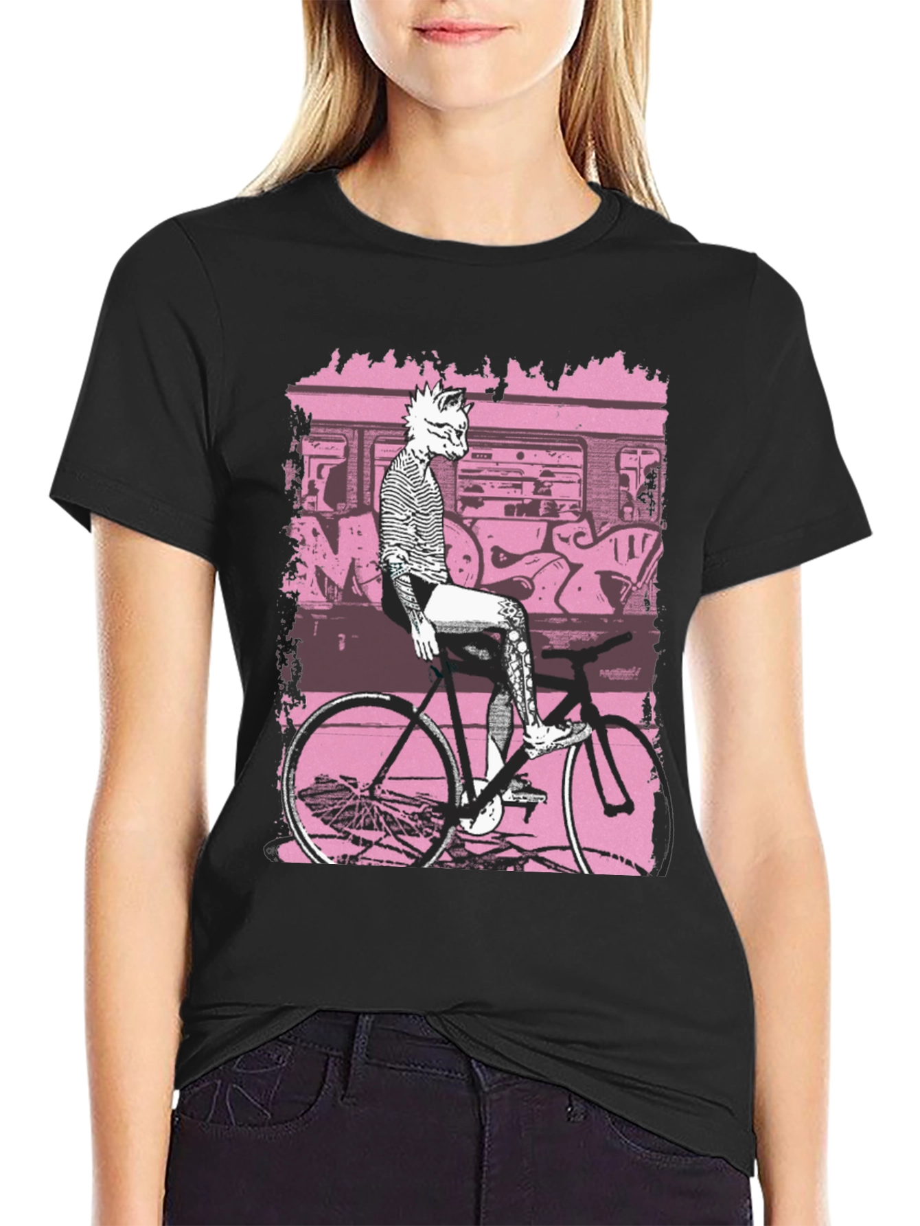 Unique Graphic Tee - Cat on Bike Design
