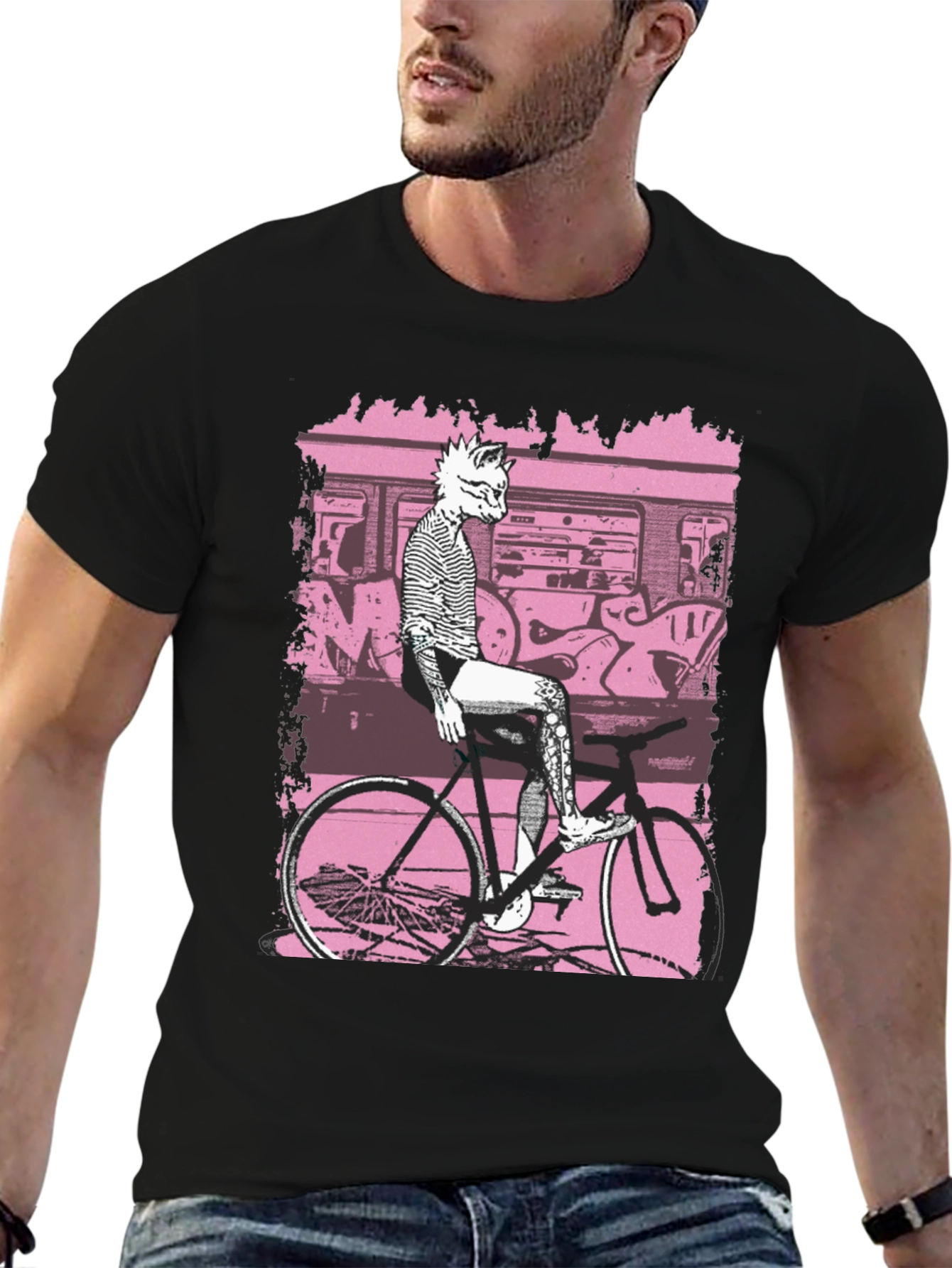 Unique Graphic Tee - Cat on Bike Design
