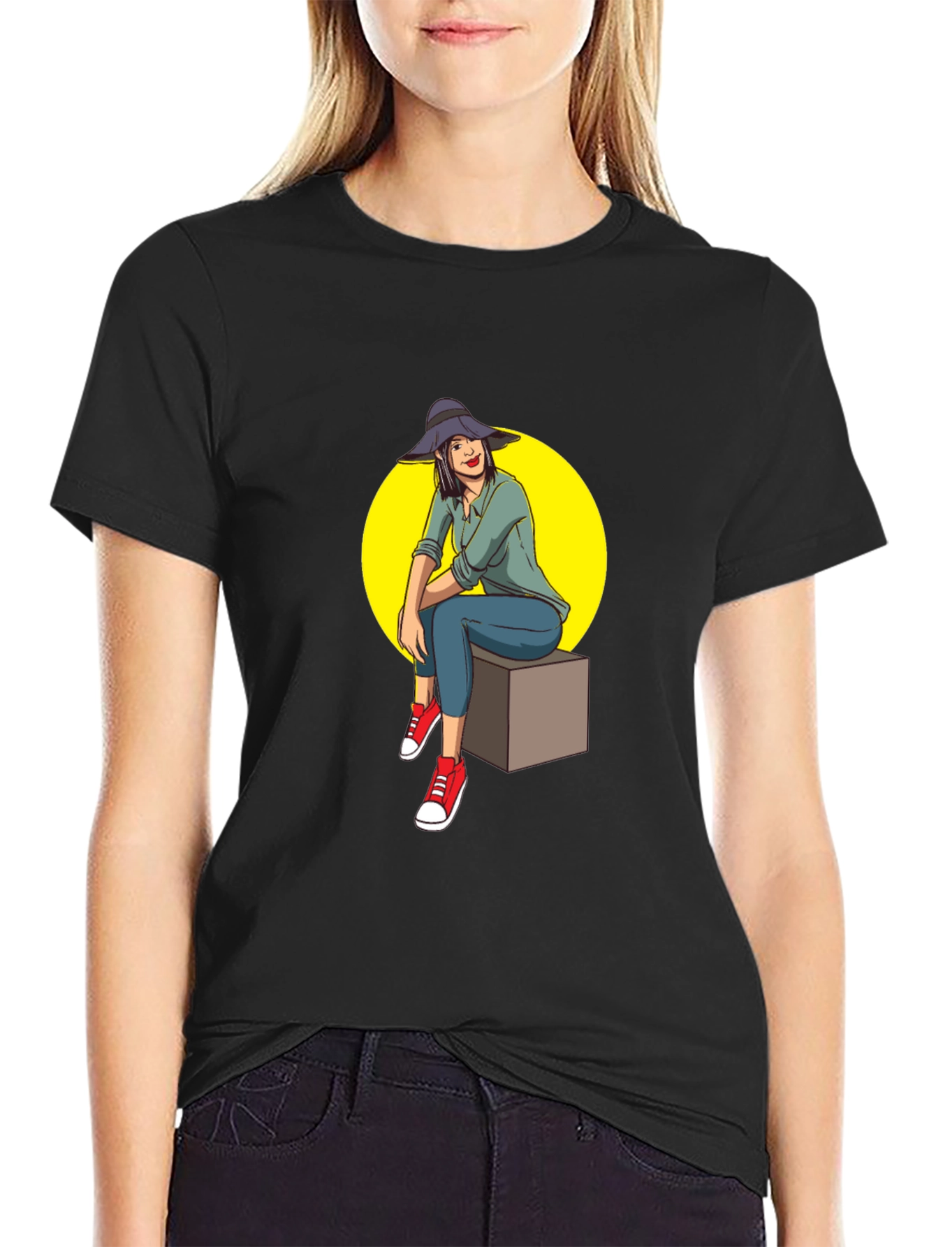 Woman Sitting T-Shirt - Graphic Tee Casual Wear