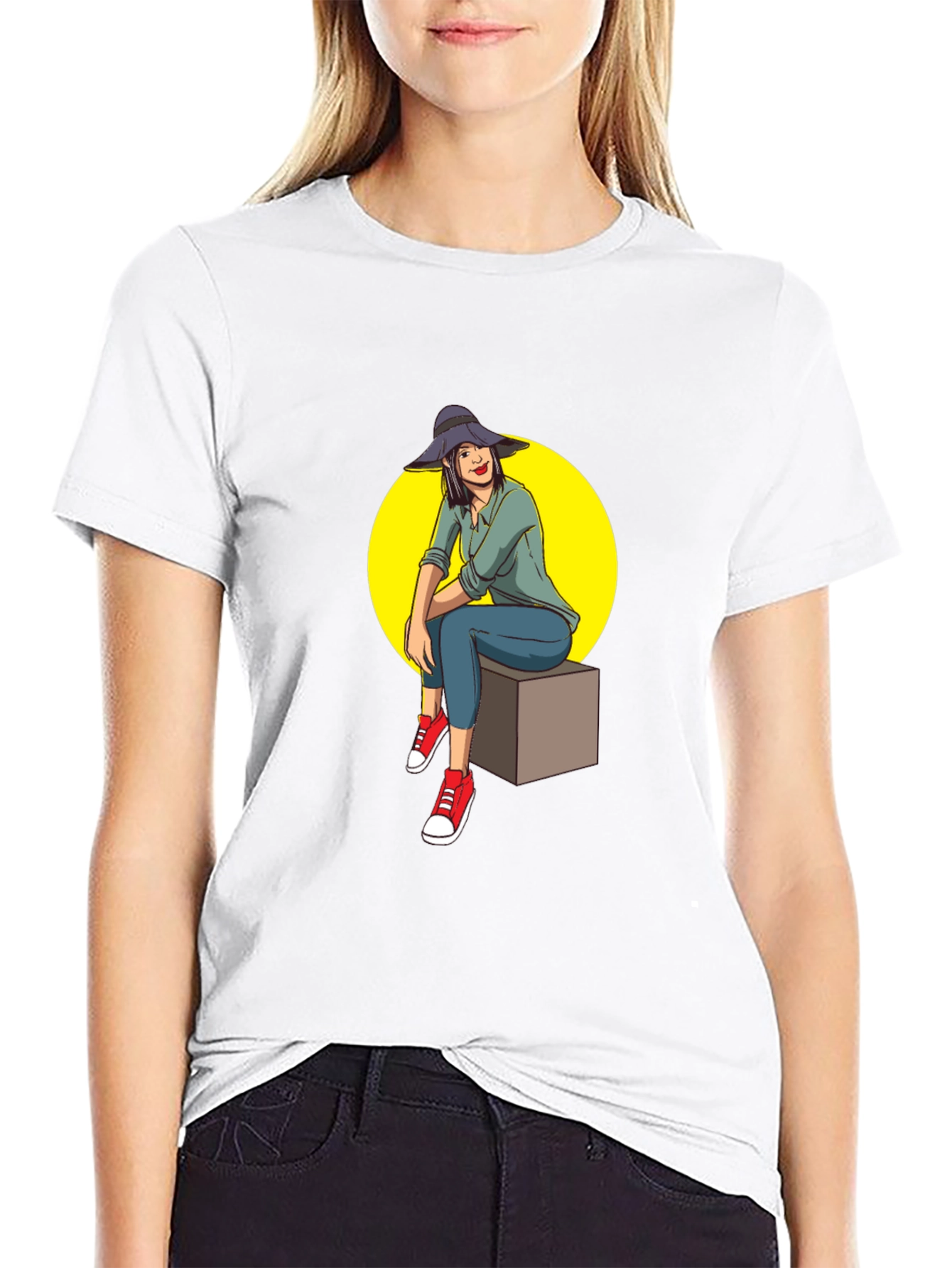 Woman Sitting T-Shirt - Graphic Tee Casual Wear