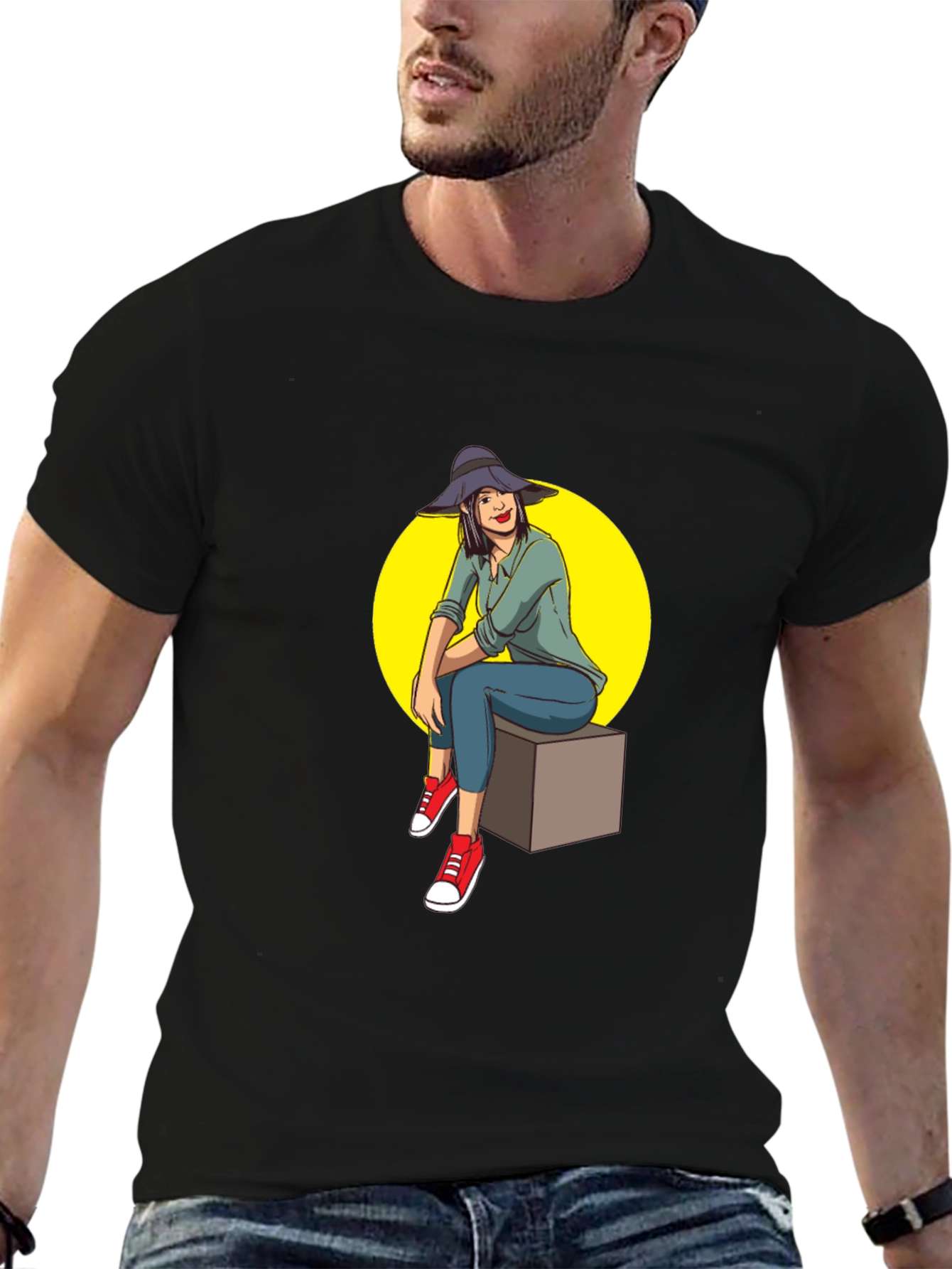 Woman Sitting T-Shirt - Graphic Tee Casual Wear