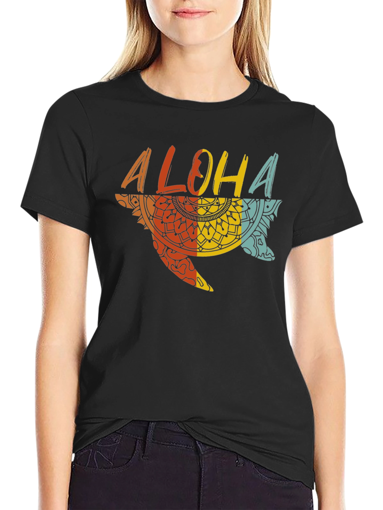 Aloha Turtle Graphic Tee - Black Cotton Casual Shirt