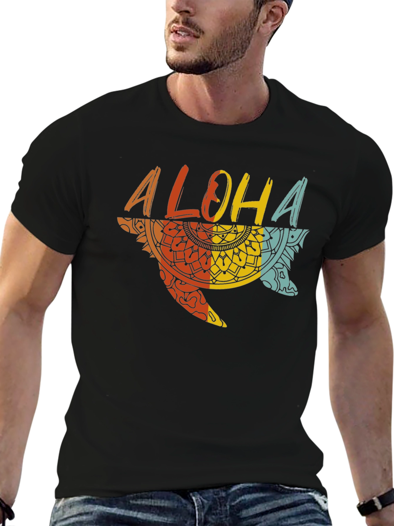 Aloha Turtle Graphic Tee - Black Cotton Casual Shirt