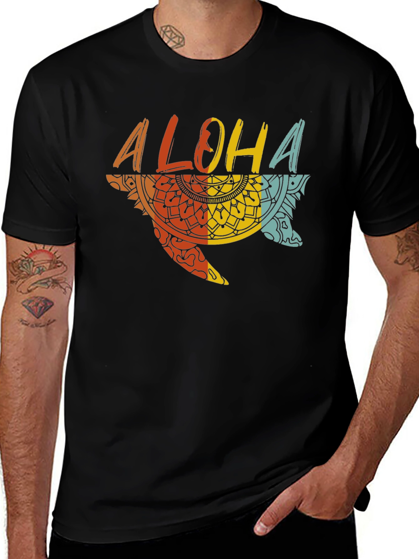 Aloha Turtle Graphic Tee - Black Cotton Casual Shirt